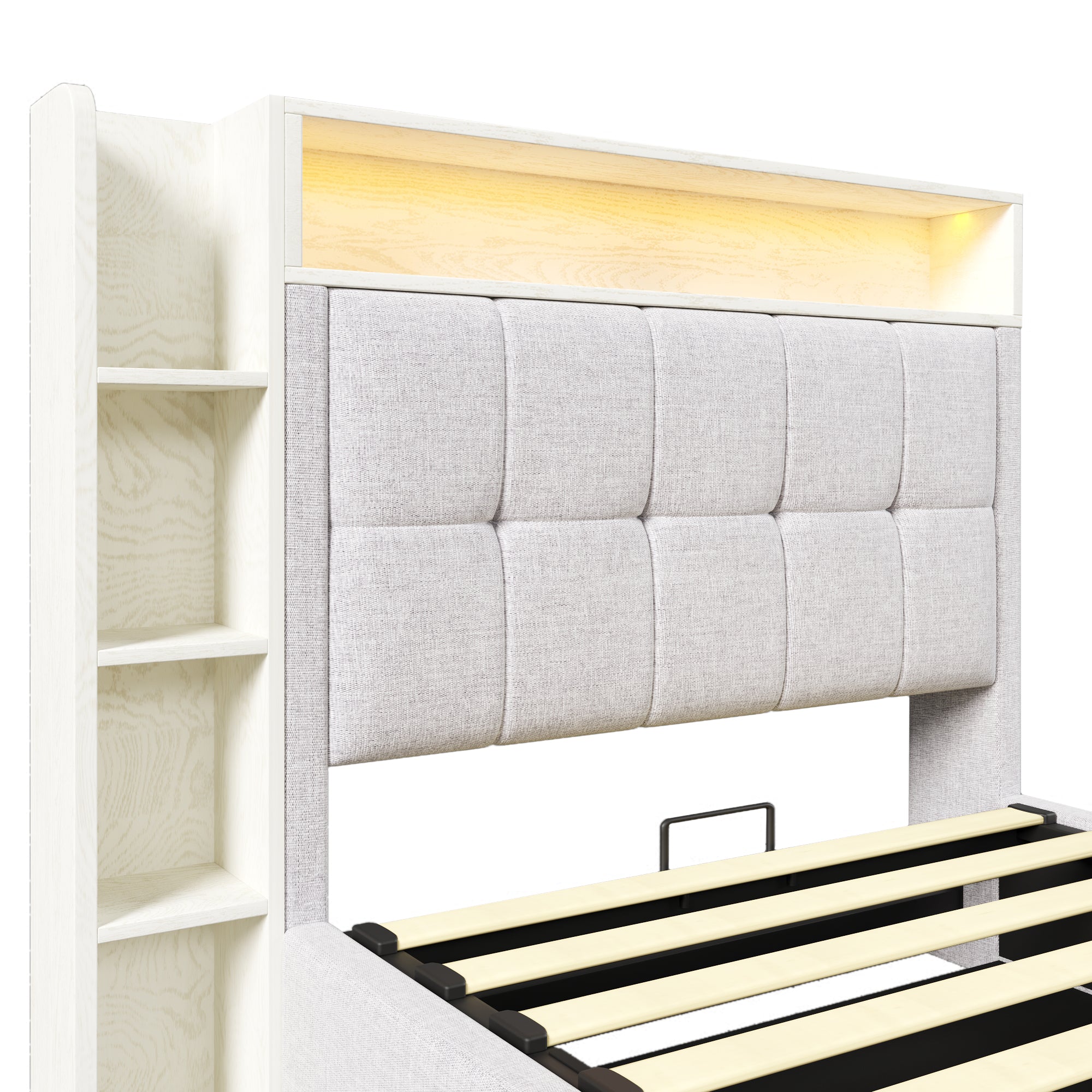 Logidon gestoffeerd bed 90x200 cm beige USB C oplaadfunctie opbergruimte