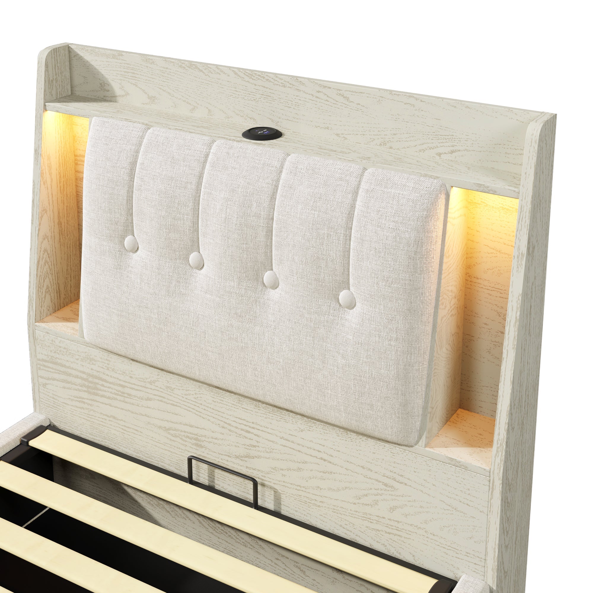 Logidon gestoffeerd bed 90x200 beige linnenlook USB C oplaadfunctie LED