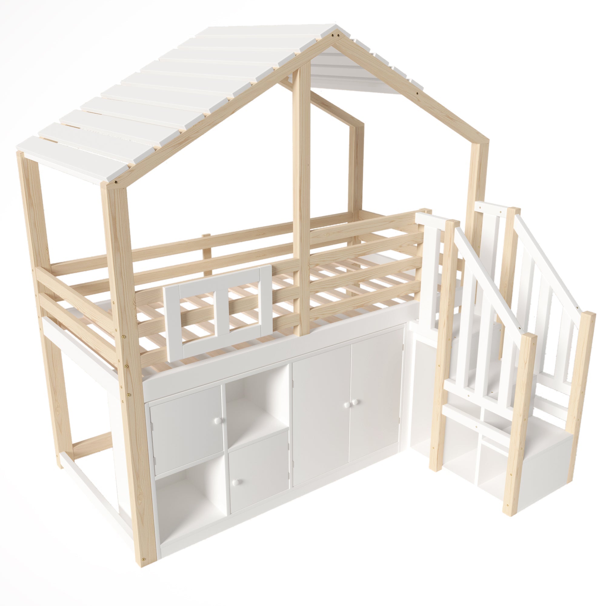 Logidon hoogslaper 90x200 cm huisvorm met opbergruimte wit en naturel
