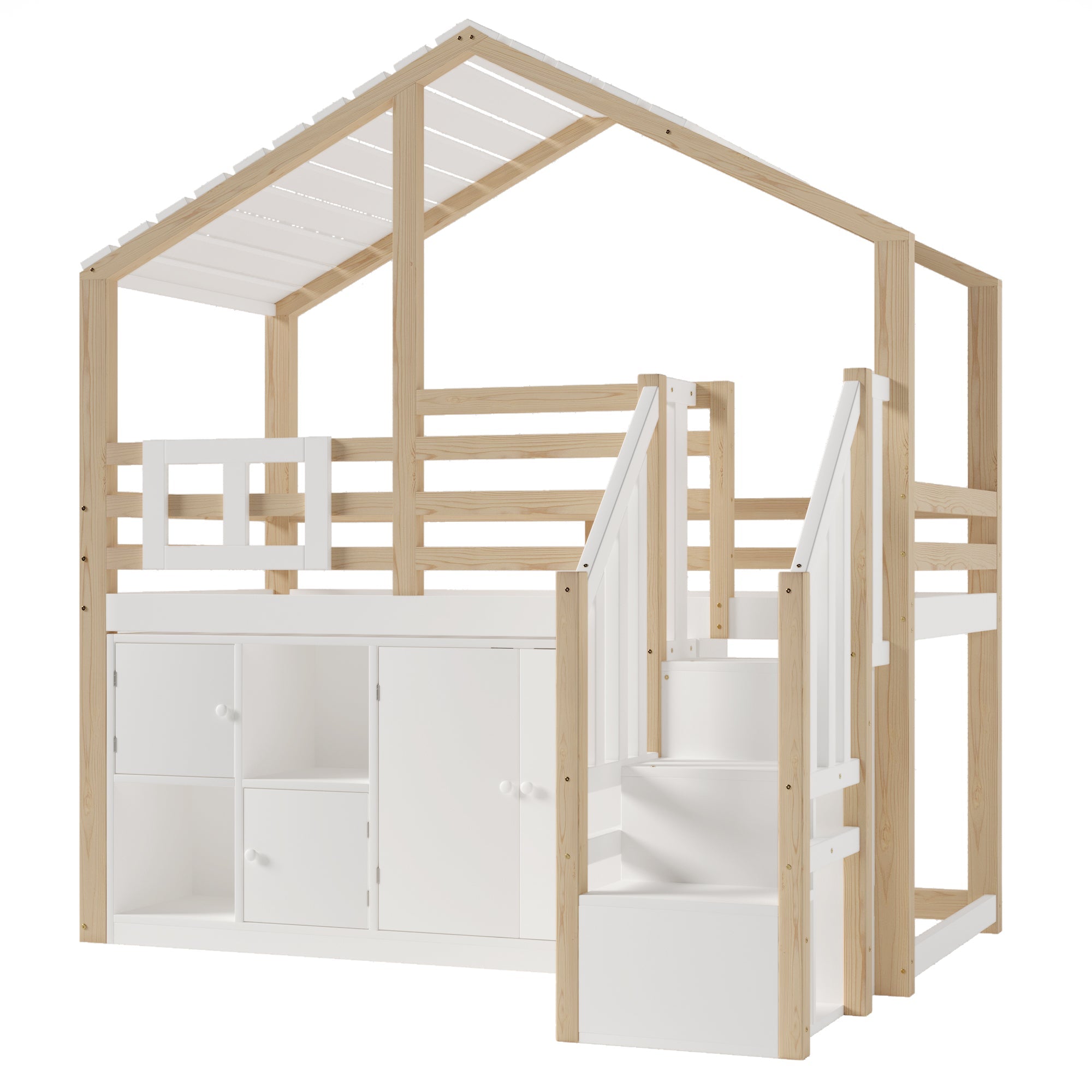 Logidon hoogslaper 90x200 cm huisvorm met opbergruimte wit en naturel
