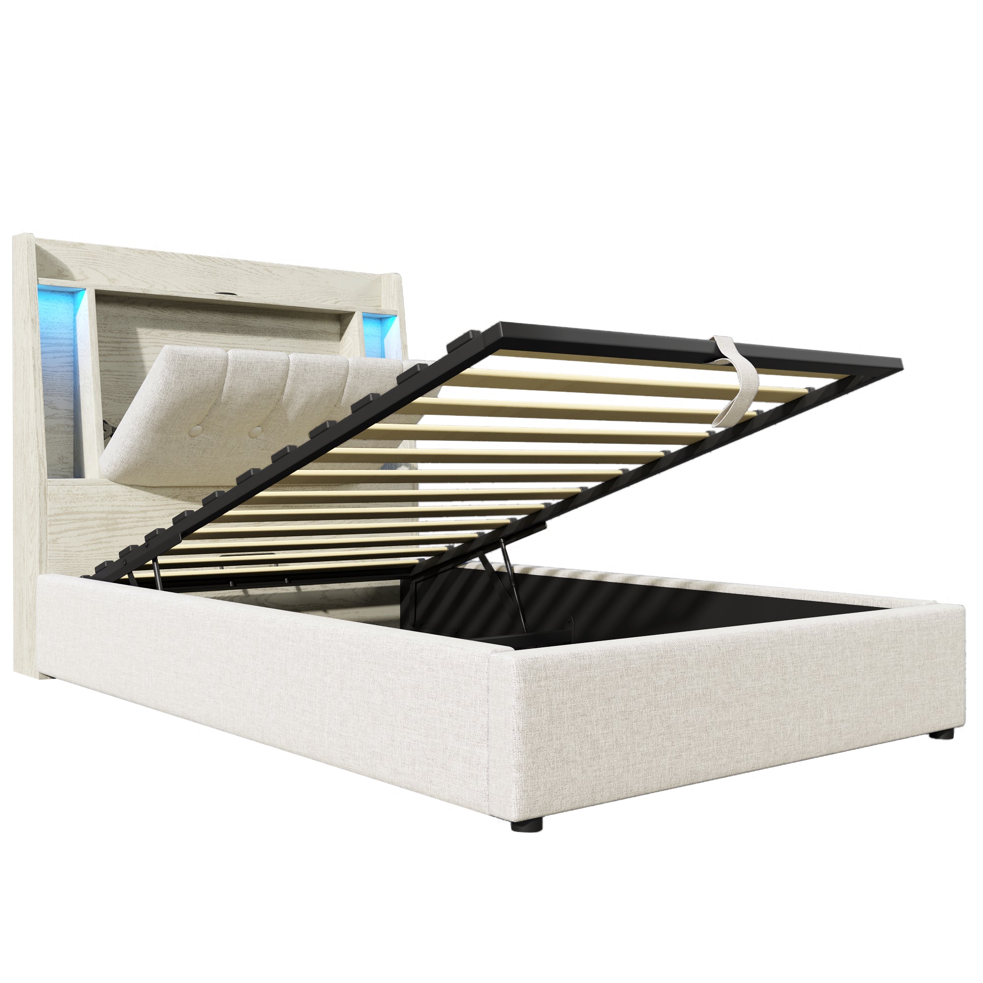 Logidon gestoffeerd bed 90x200 beige linnenlook USB C oplaadfunctie LED