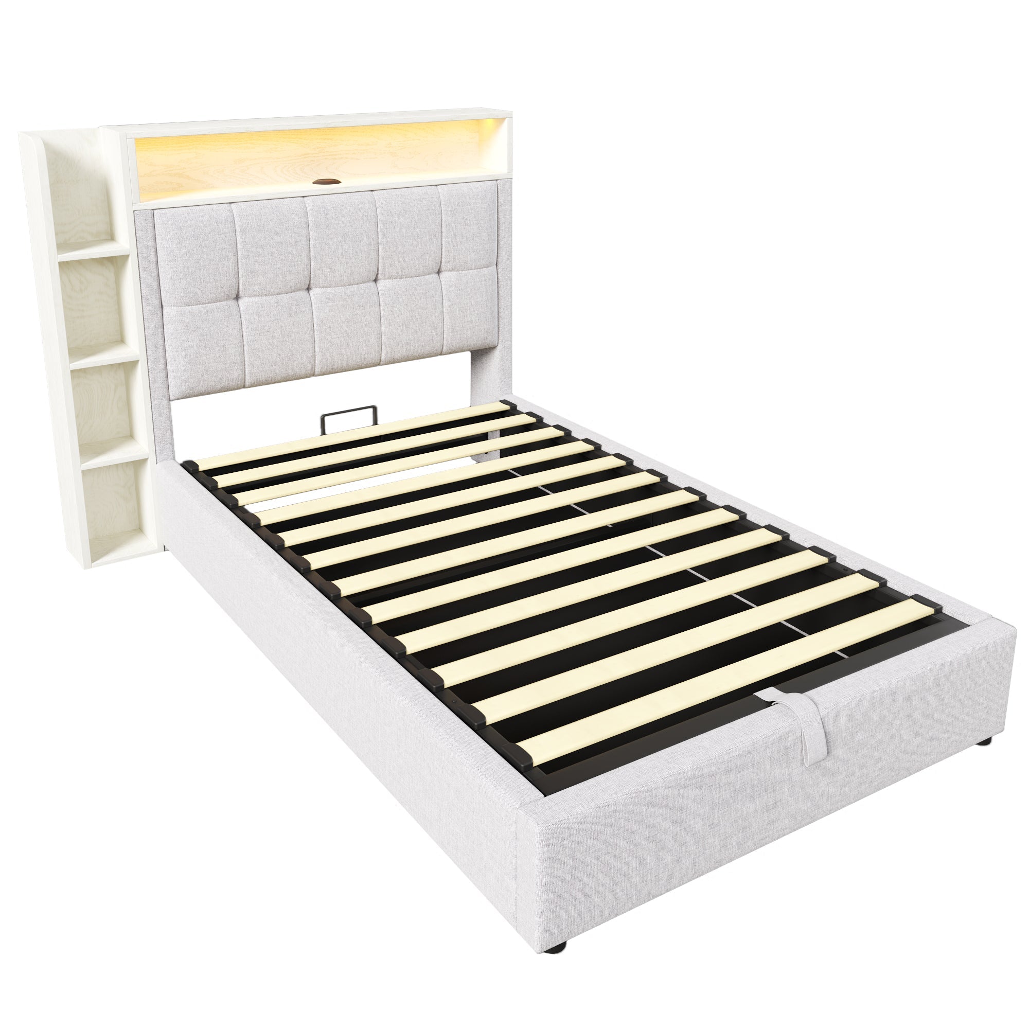 Logidon gestoffeerd bed 90x200 cm beige USB C oplaadfunctie opbergruimte