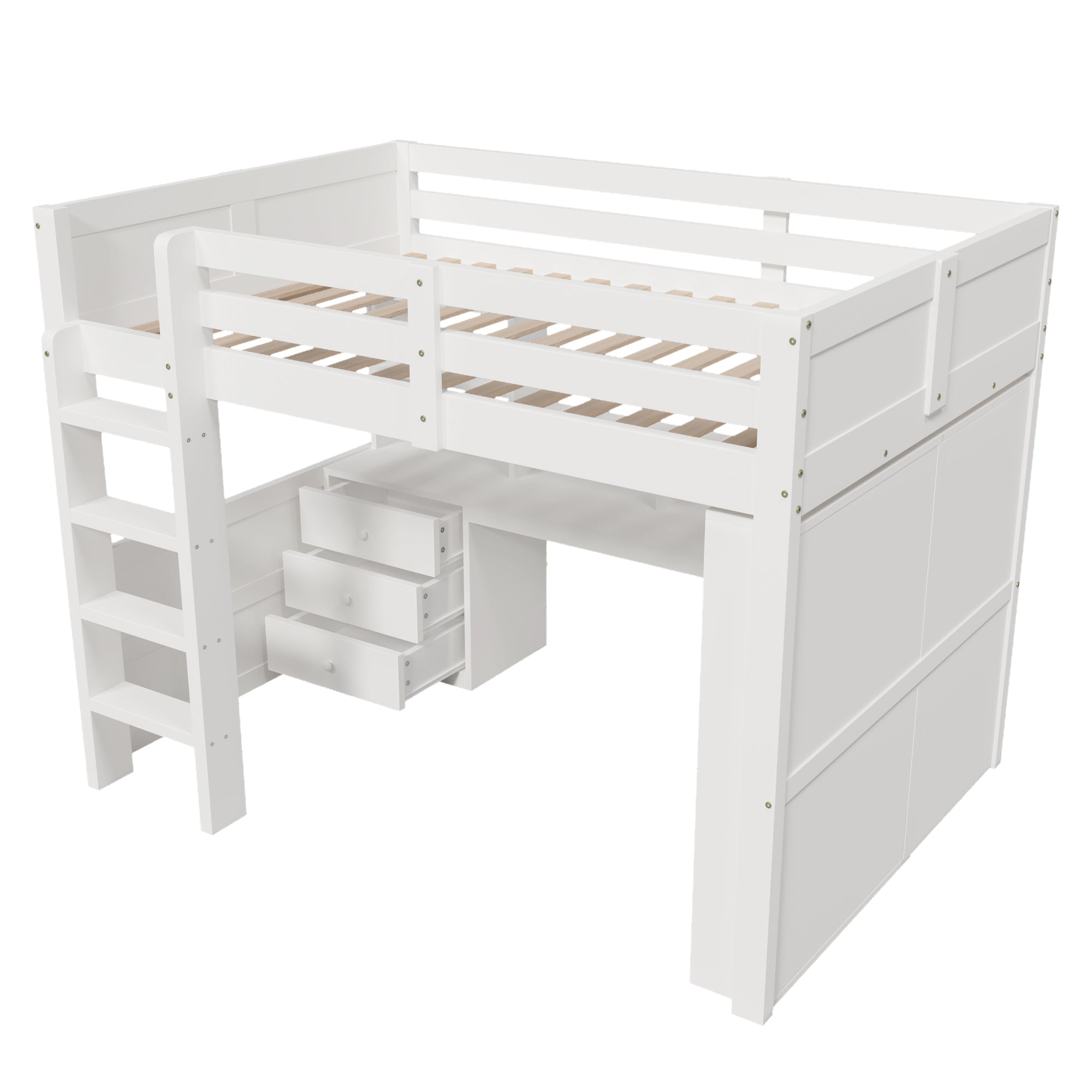 Logidon hoogslaper, 140x200cm, met LED verlichting, kledingkast, bureau, lades, opbergvakken, zonder matras, wit
