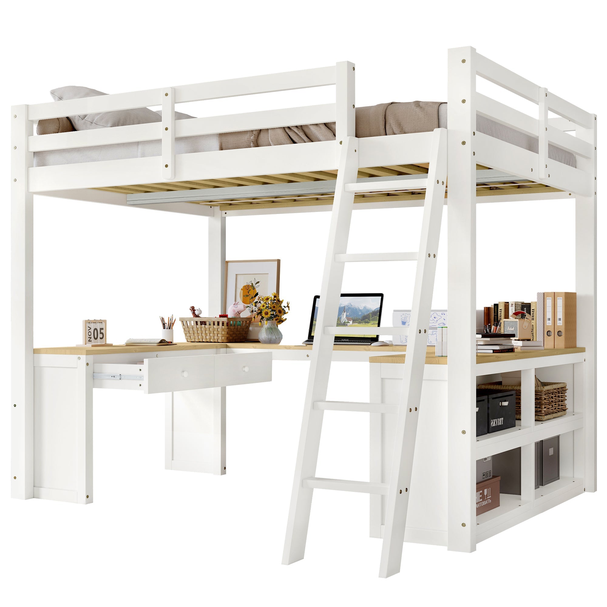 Logidon hoogslaper 140x200 cm wit naturel U-vormige lange tafel 2 lades