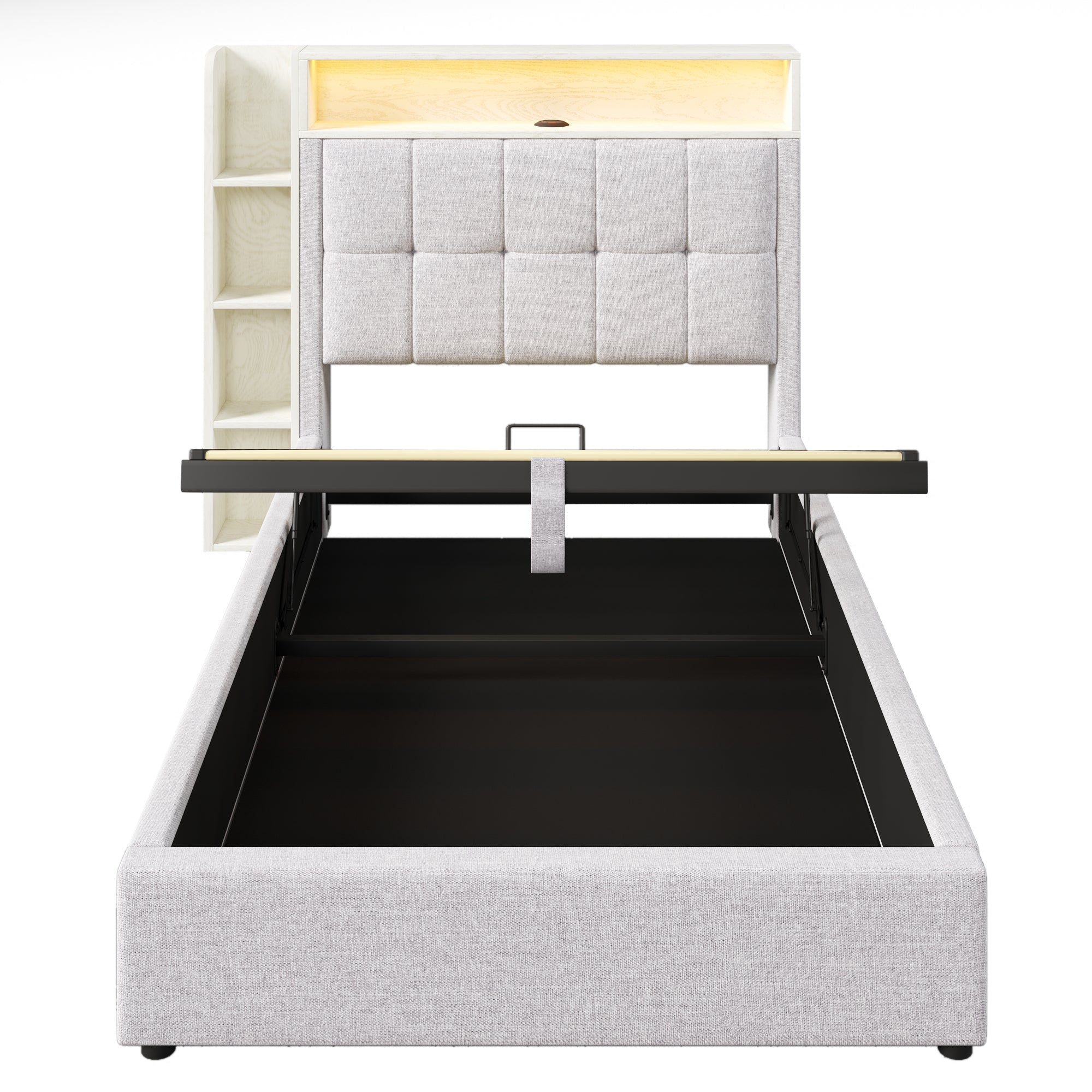 Logidon gestoffeerd bed 90x200 cm beige USB C oplaadfunctie opbergruimte