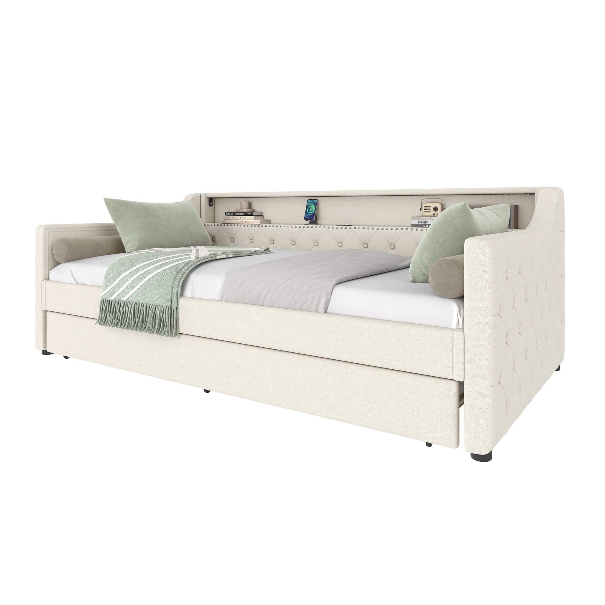 Logidon Daybed 90x200 beige linnen slaapbank LED USB lattenbodem