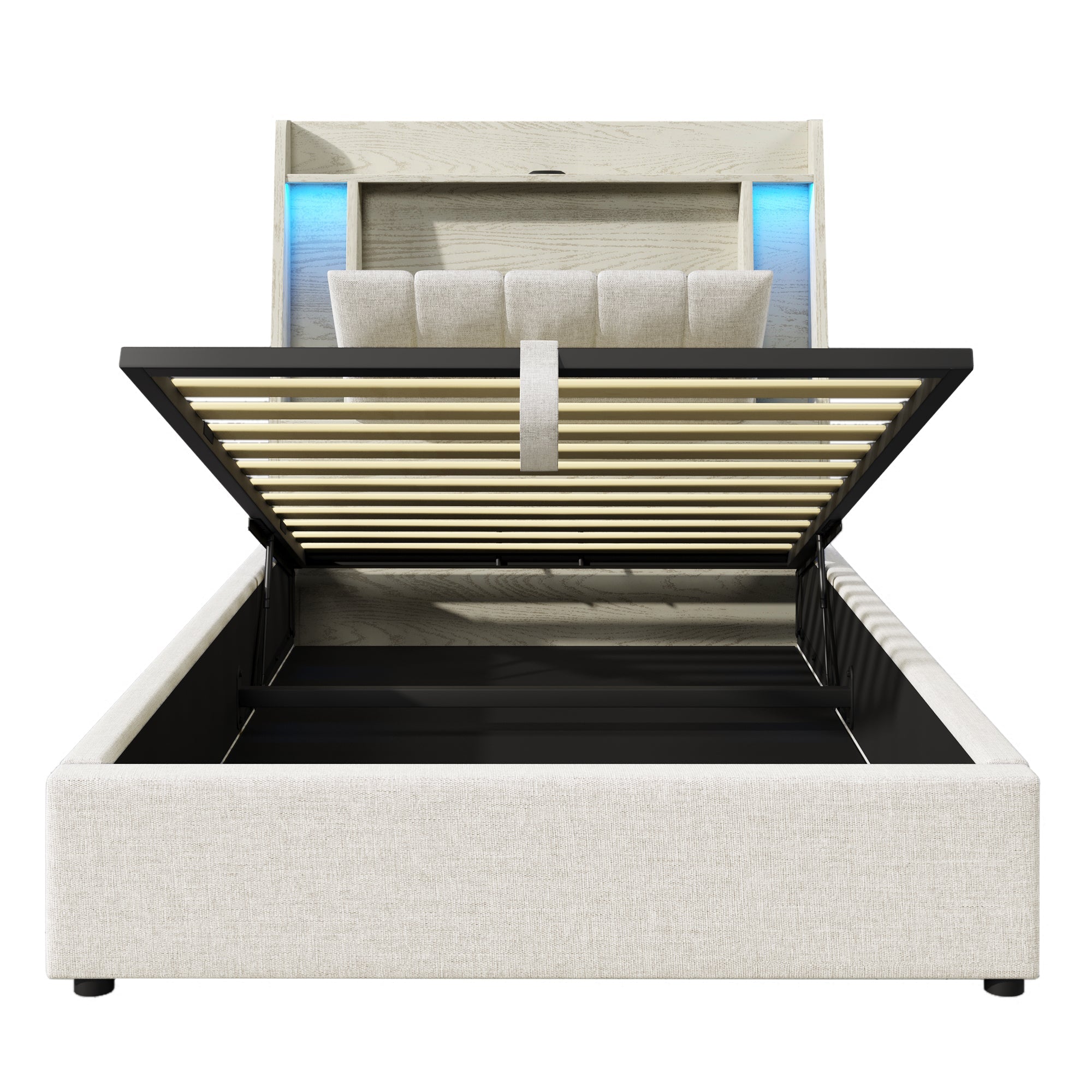Logidon gestoffeerd bed 90x200 beige linnenlook USB C oplaadfunctie LED