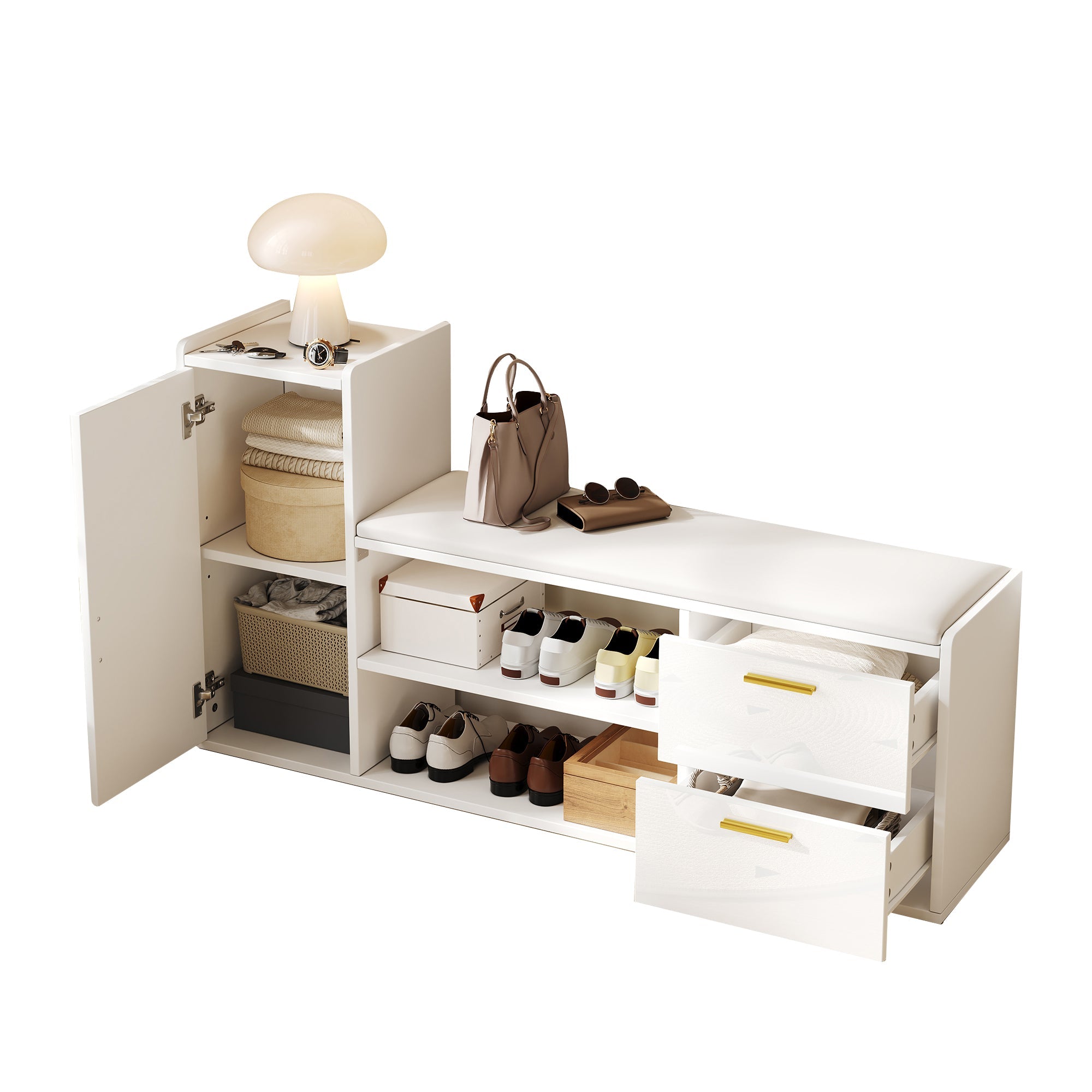Logidon schoenenbank wit hoogglans 128x30x68 cm met 2 lades
