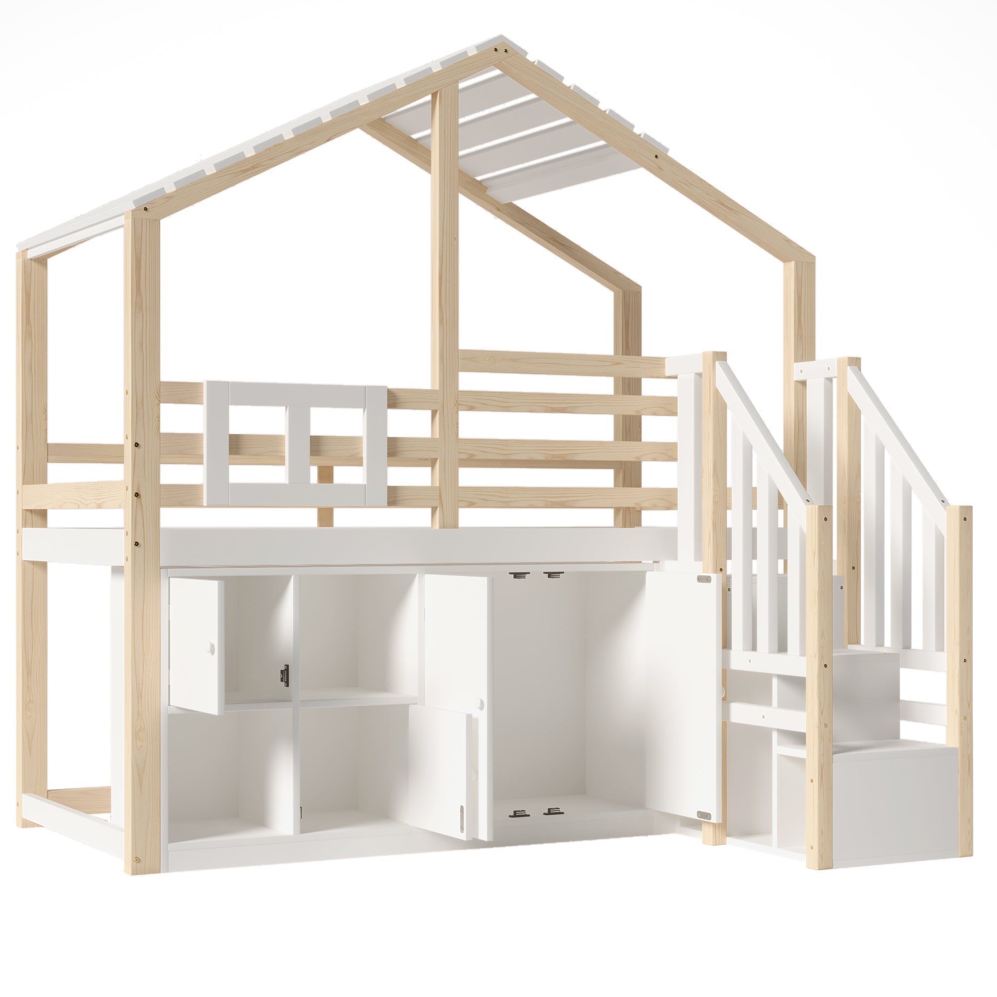 Logidon hoogslaper 90x200 cm huisvorm met opbergruimte wit en naturel