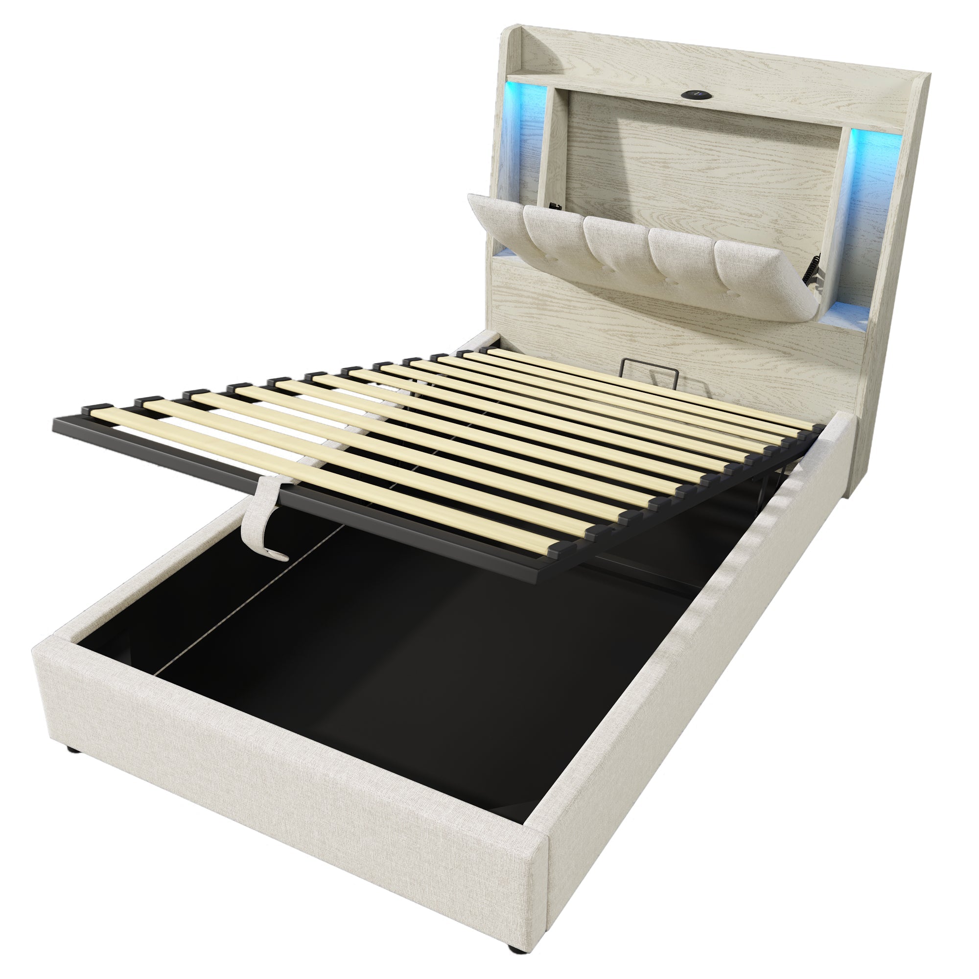 Logidon gestoffeerd bed 90x200 beige linnenlook USB C oplaadfunctie LED