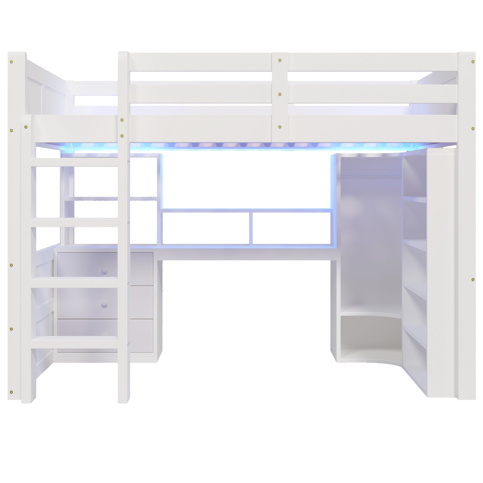 Logidon hoogslaper, 140x200cm, met LED verlichting, kledingkast, bureau, lades, opbergvakken, zonder matras, wit