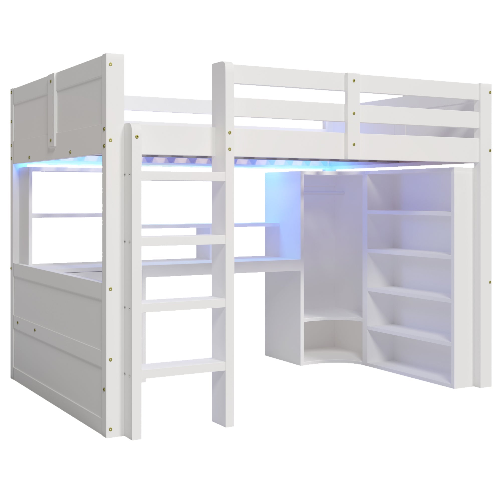 Logidon hoogslaper, 140x200cm, met LED verlichting, kledingkast, bureau, lades, opbergvakken, zonder matras, wit