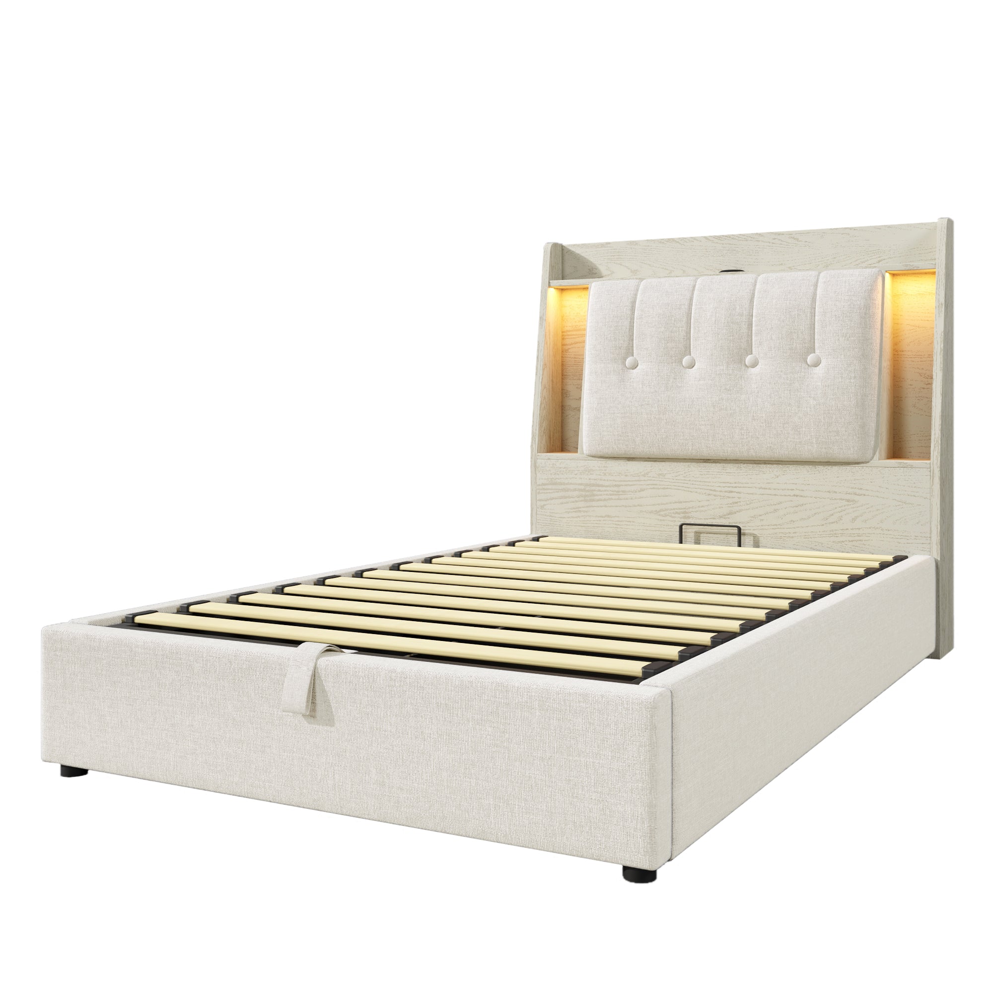 Logidon gestoffeerd bed 90x200 beige linnenlook USB C oplaadfunctie LED