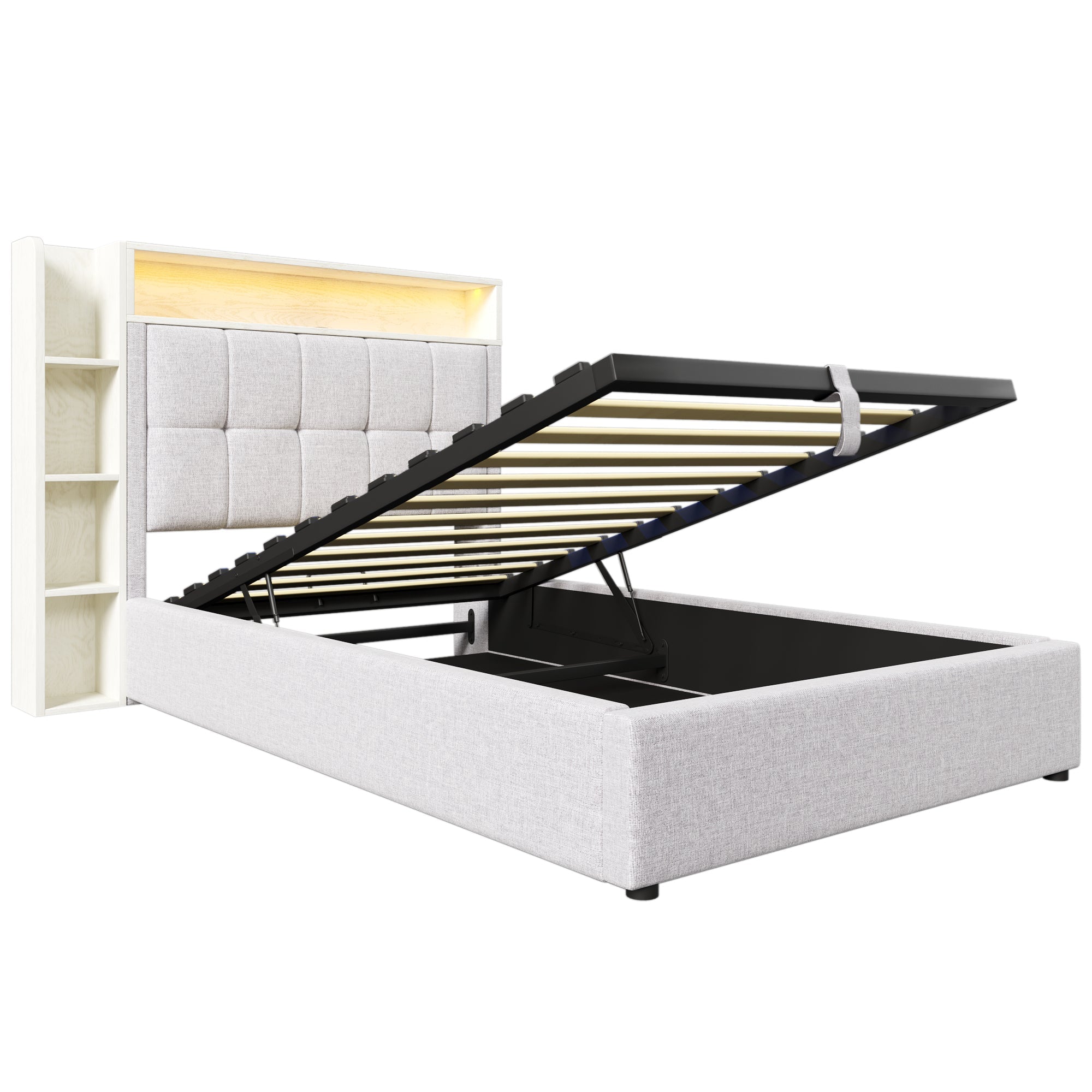 Logidon gestoffeerd bed 90x200 cm beige USB C oplaadfunctie opbergruimte