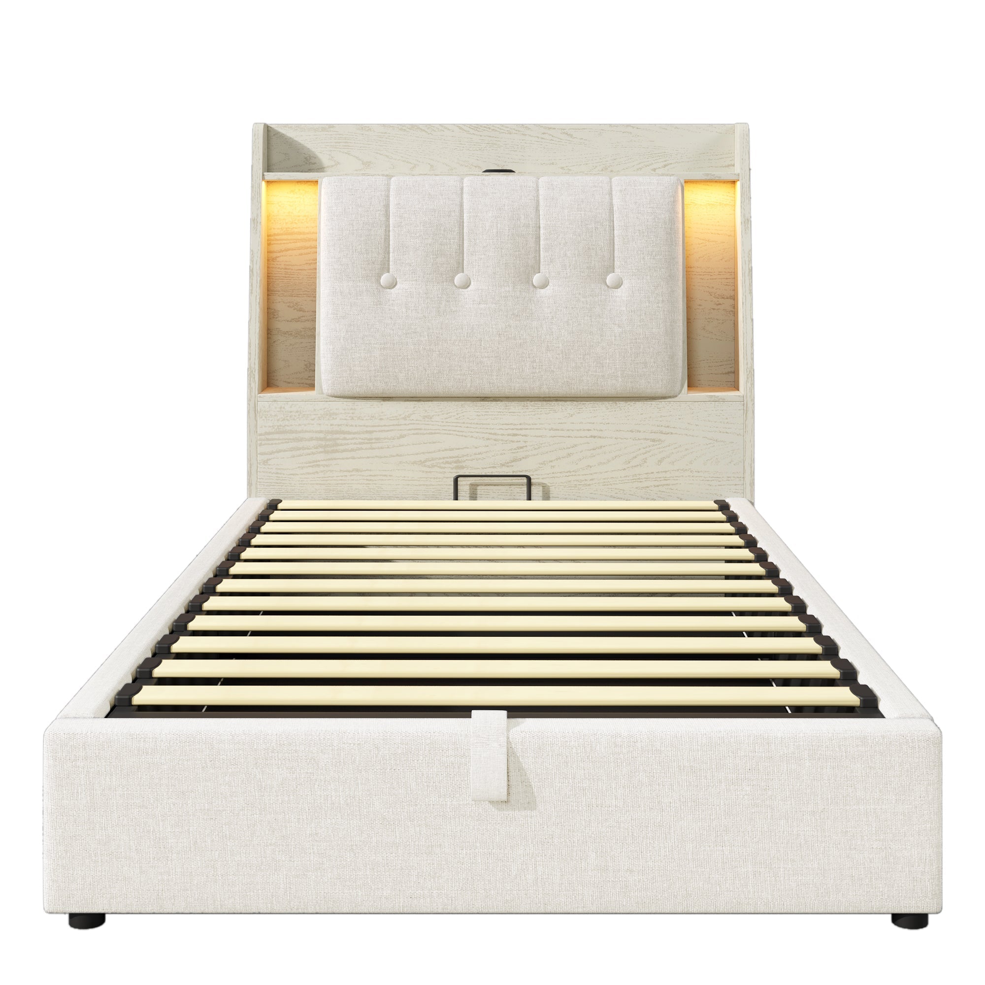 Logidon gestoffeerd bed 90x200 beige linnenlook USB C oplaadfunctie LED