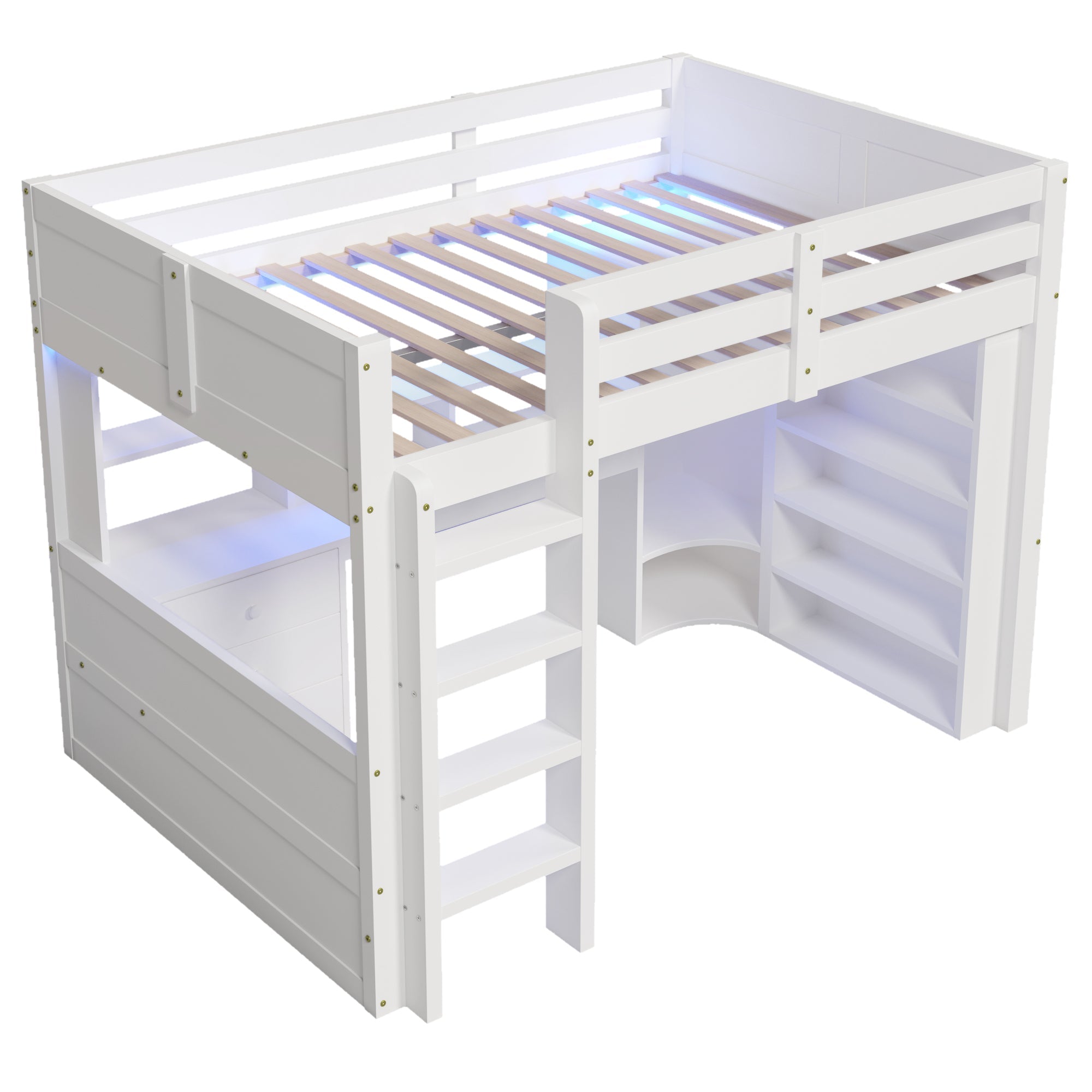 Logidon hoogslaper, 140x200cm, met LED verlichting, kledingkast, bureau, lades, opbergvakken, zonder matras, wit