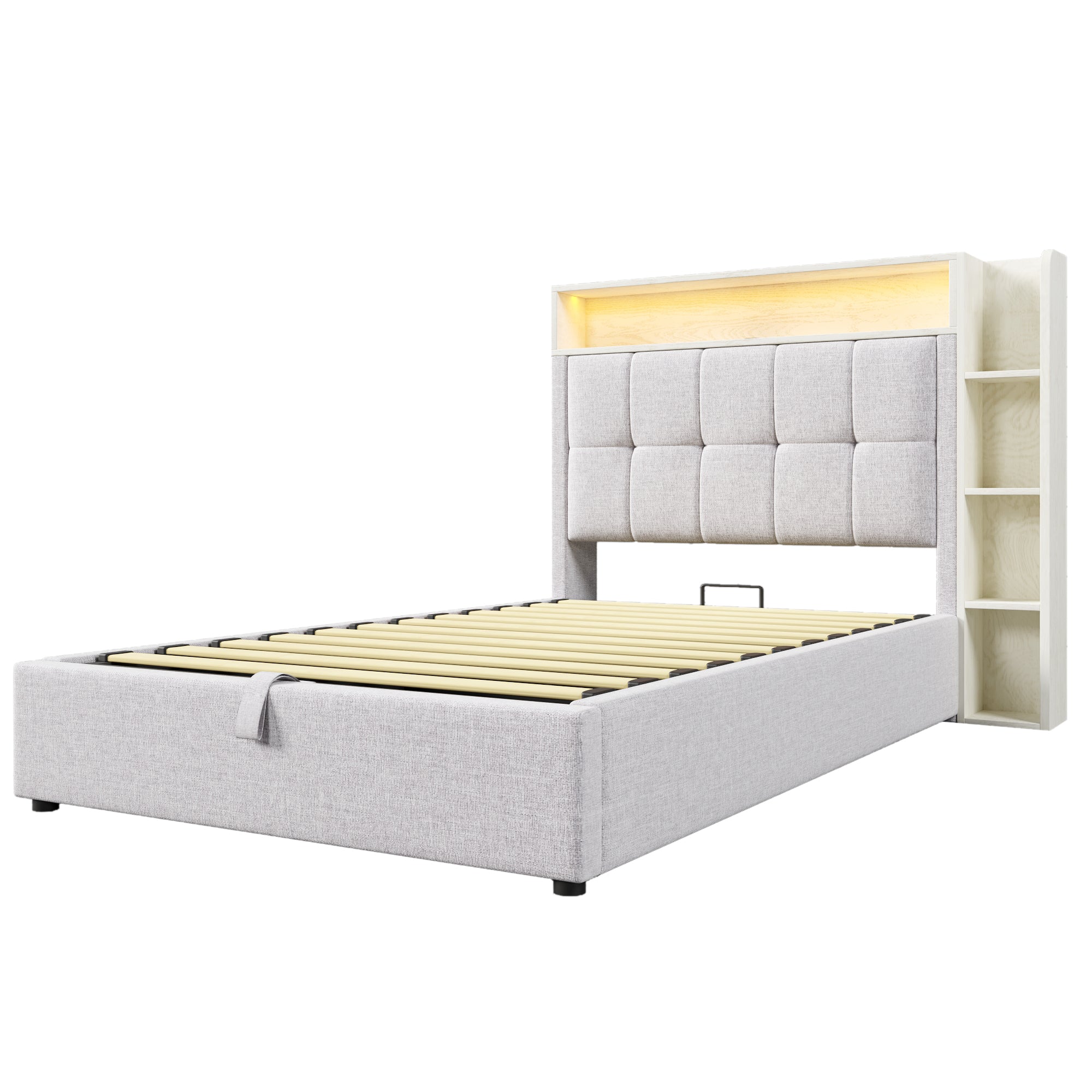Logidon gestoffeerd bed 90x200 cm beige USB C oplaadfunctie opbergruimte