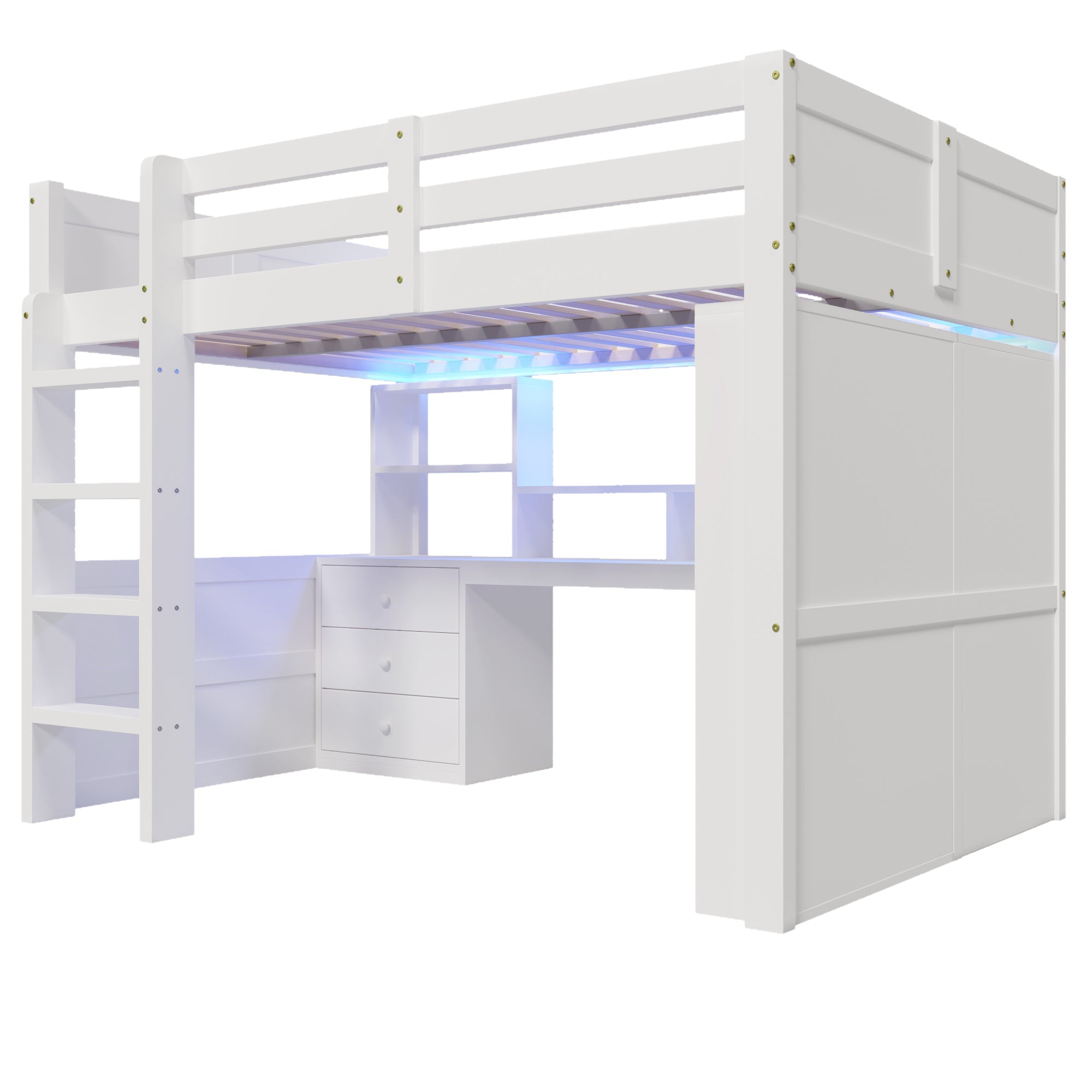 Logidon hoogslaper, 140x200cm, met LED verlichting, kledingkast, bureau, lades, opbergvakken, zonder matras, wit