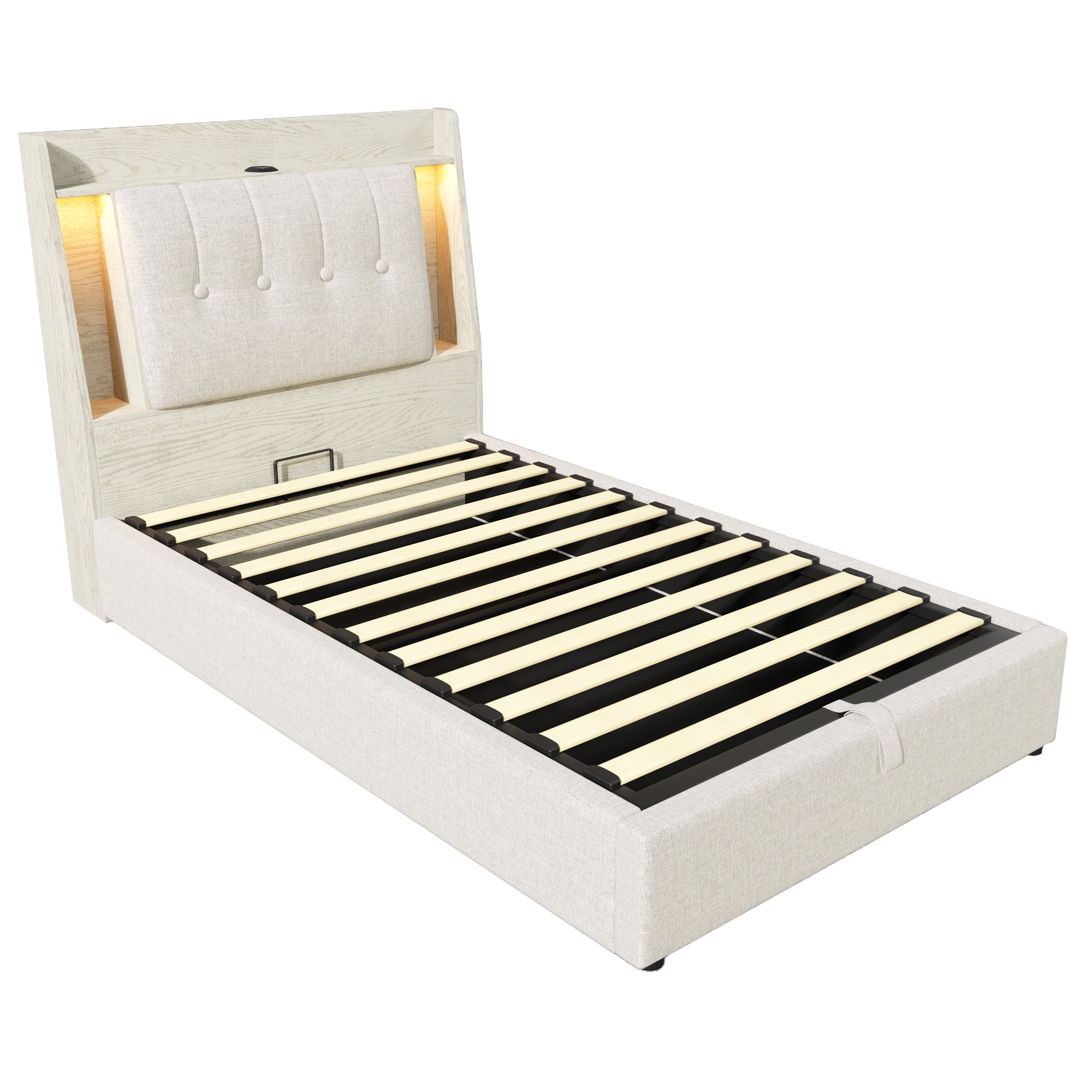 Logidon gestoffeerd bed 90x200 beige linnenlook USB C oplaadfunctie LED