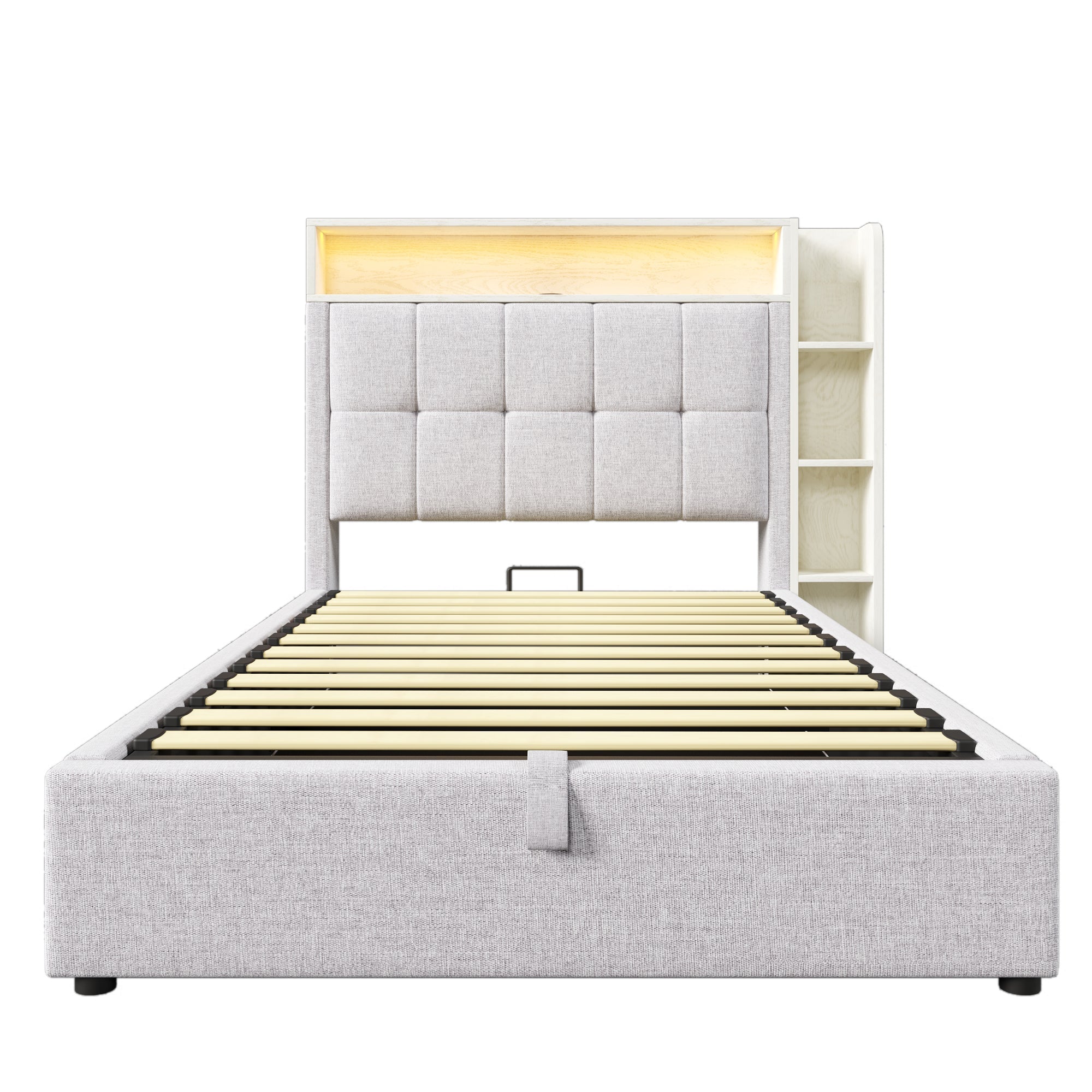 Logidon gestoffeerd bed 90x200 cm beige USB C oplaadfunctie opbergruimte