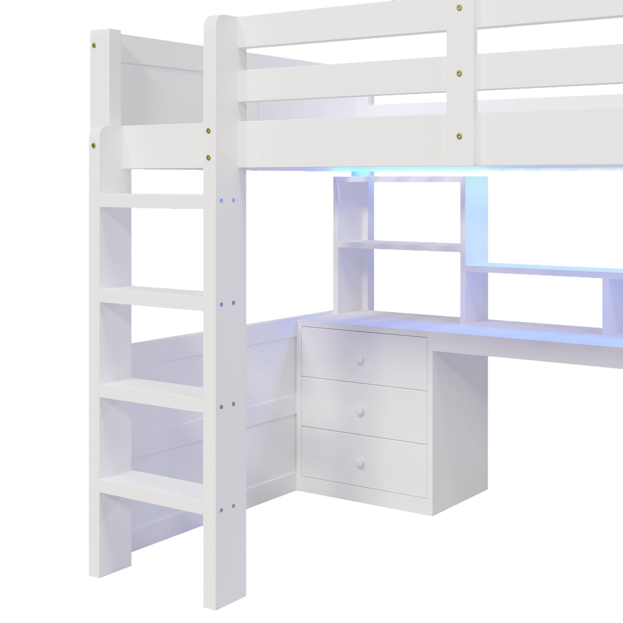 Logidon hoogslaper, 140x200cm, met LED verlichting, kledingkast, bureau, lades, opbergvakken, zonder matras, wit