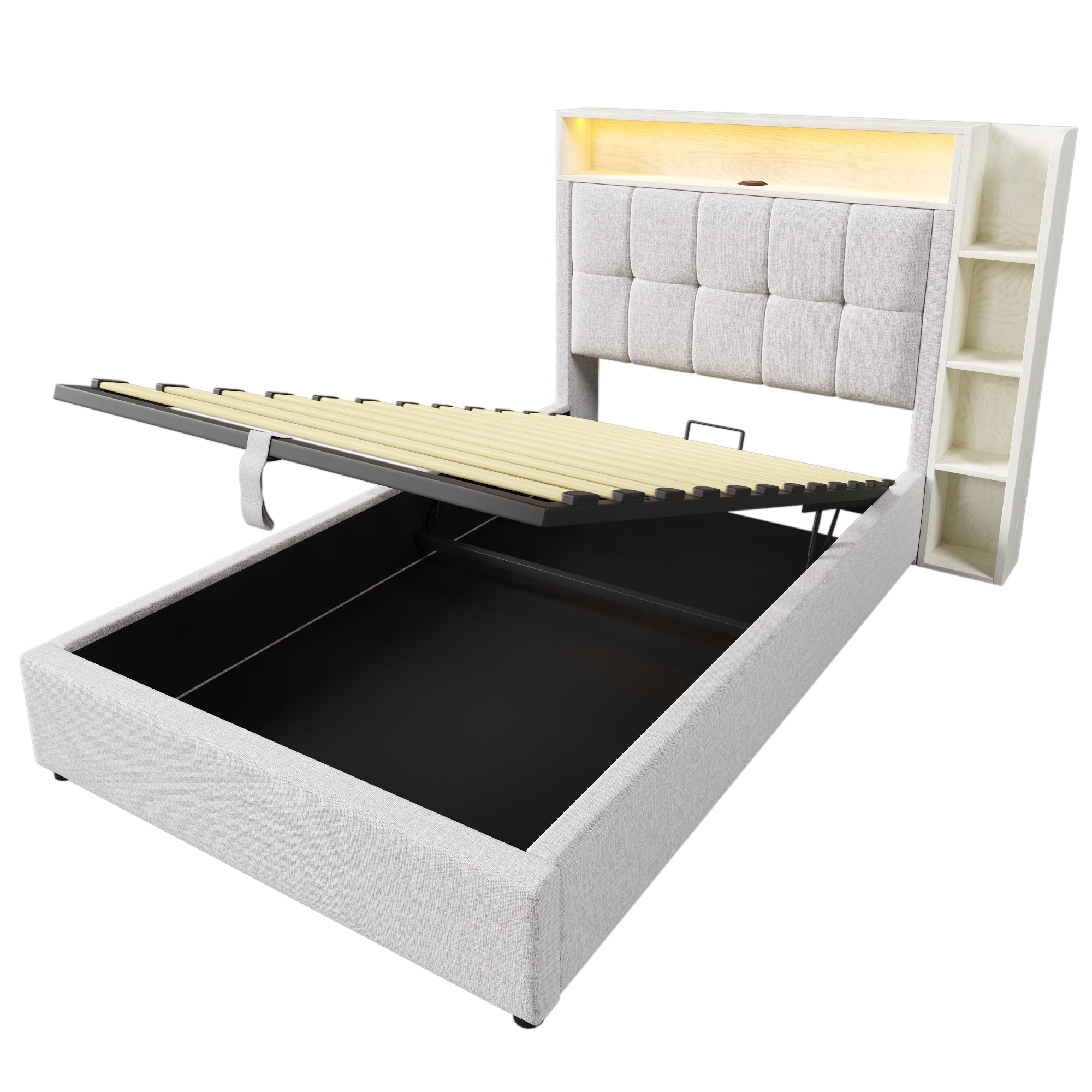 Logidon gestoffeerd bed 90x200 cm beige USB C oplaadfunctie opbergruimte