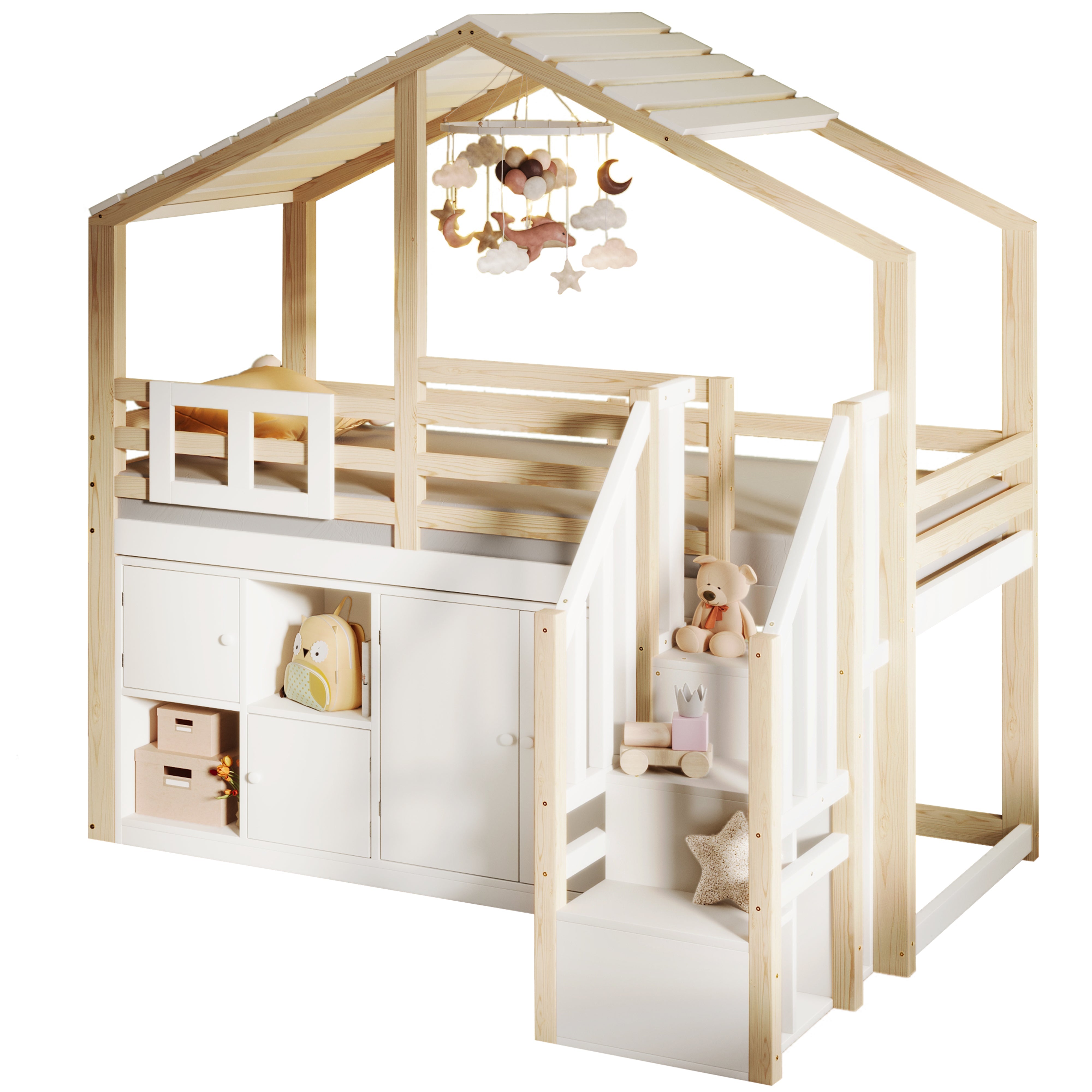 Logidon hoogslaper 90x200 cm huisvorm met opbergruimte wit en naturel
