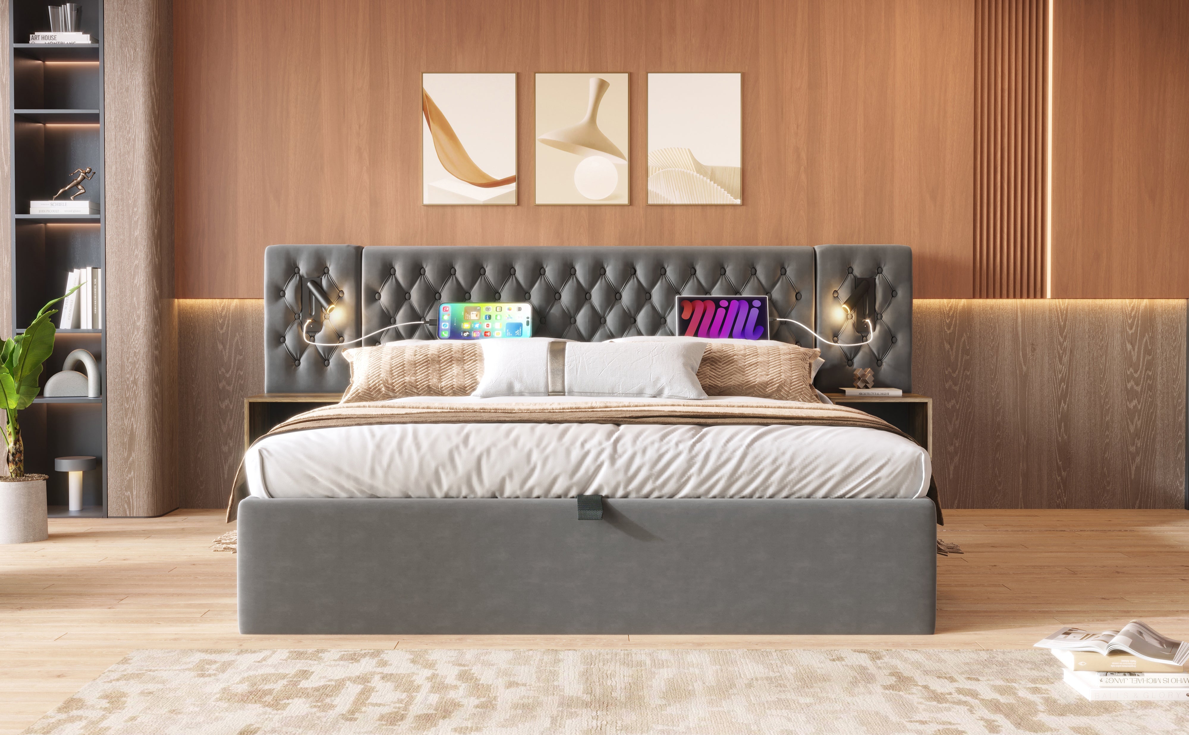 Logidon bed system hydraulic storage bed 160x200 cm gray velvet