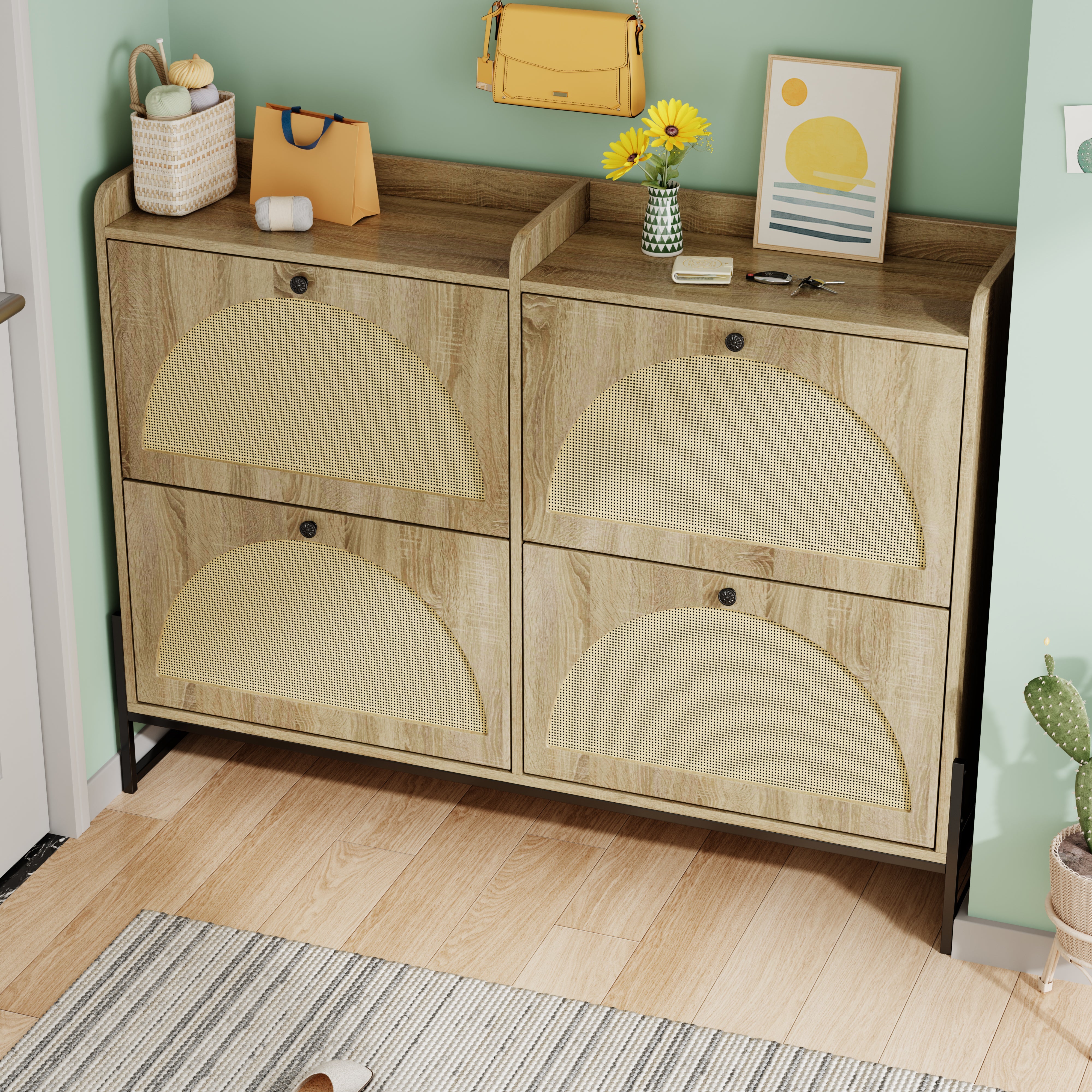 Logidon shoe cabinet narrow 4 flaps natural color 118 cm