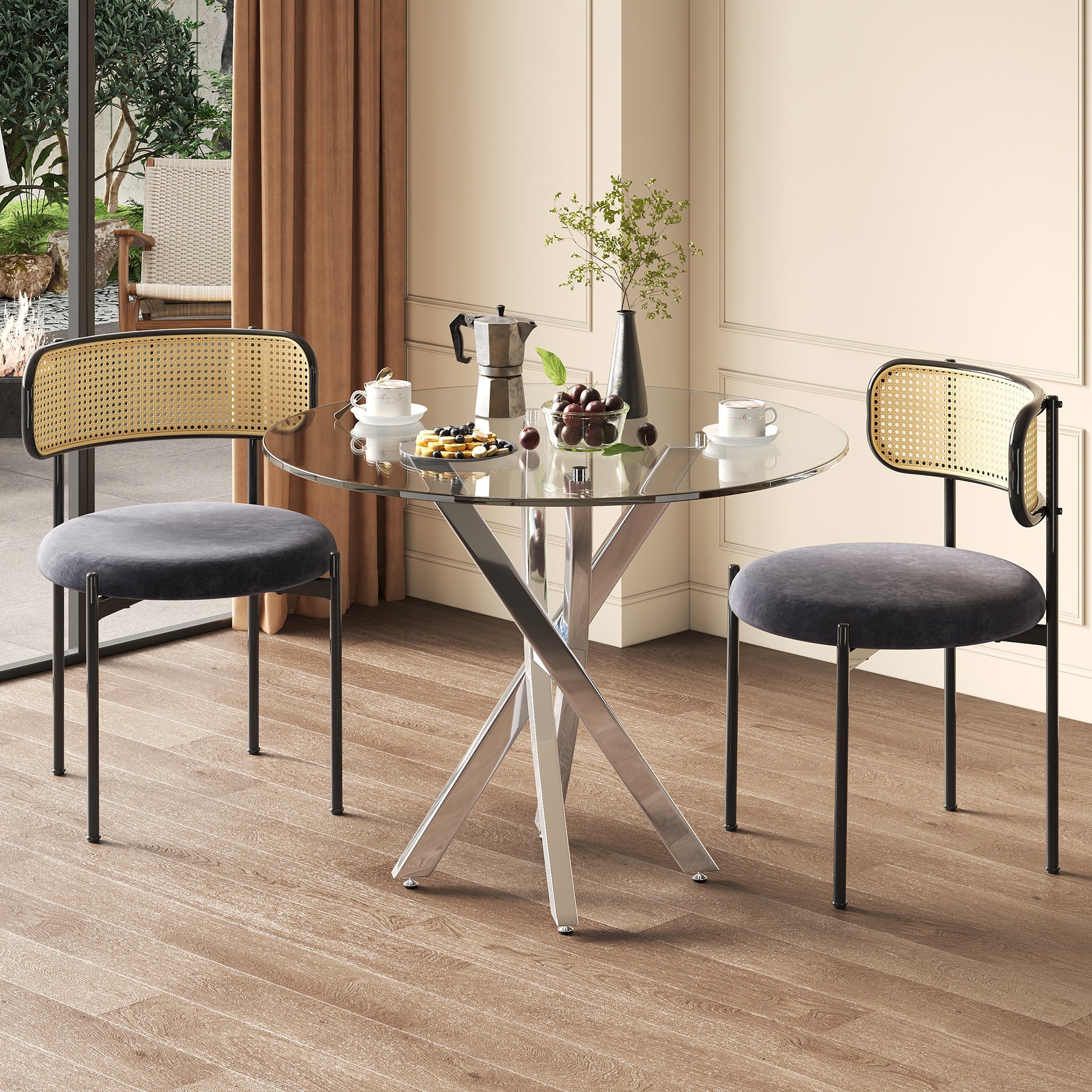 Logidon Dining Table Set Glass 80x80 cm Tempered Glass 2 Chairs Gray Silver