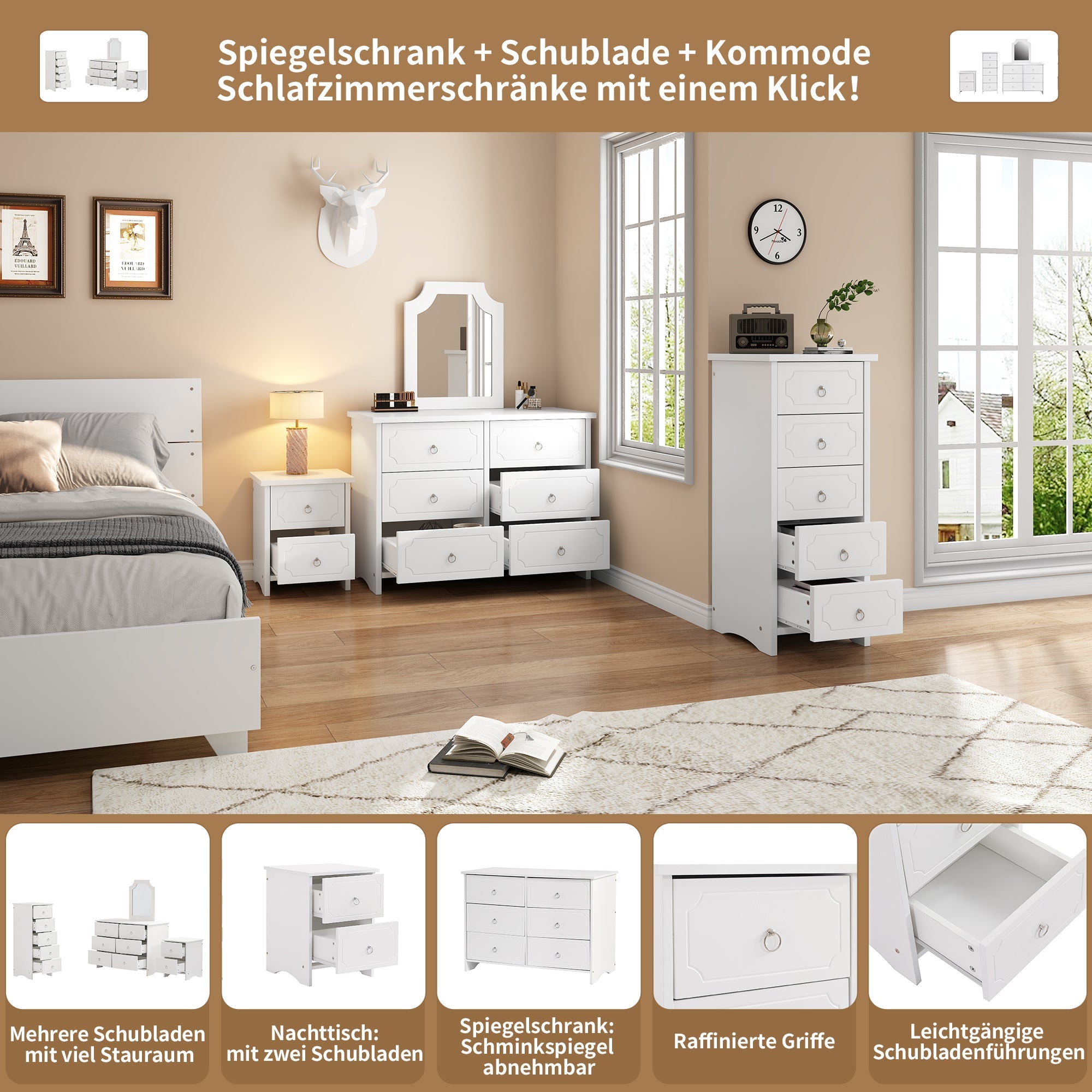 Logidon storage trio white bedside table mirror cabinet and 5 drawers