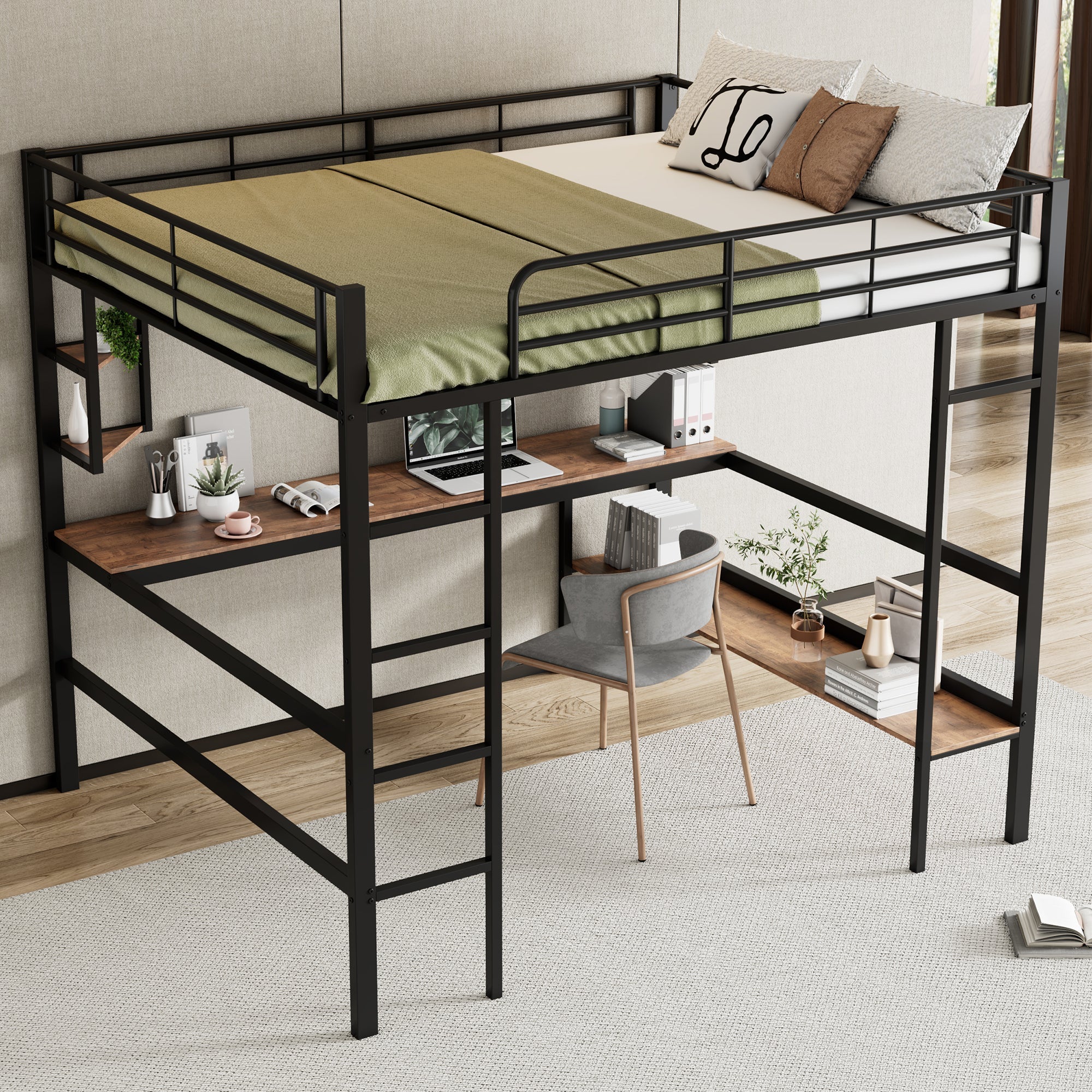 Logidon loft bed 140x200 black with desk and shelves