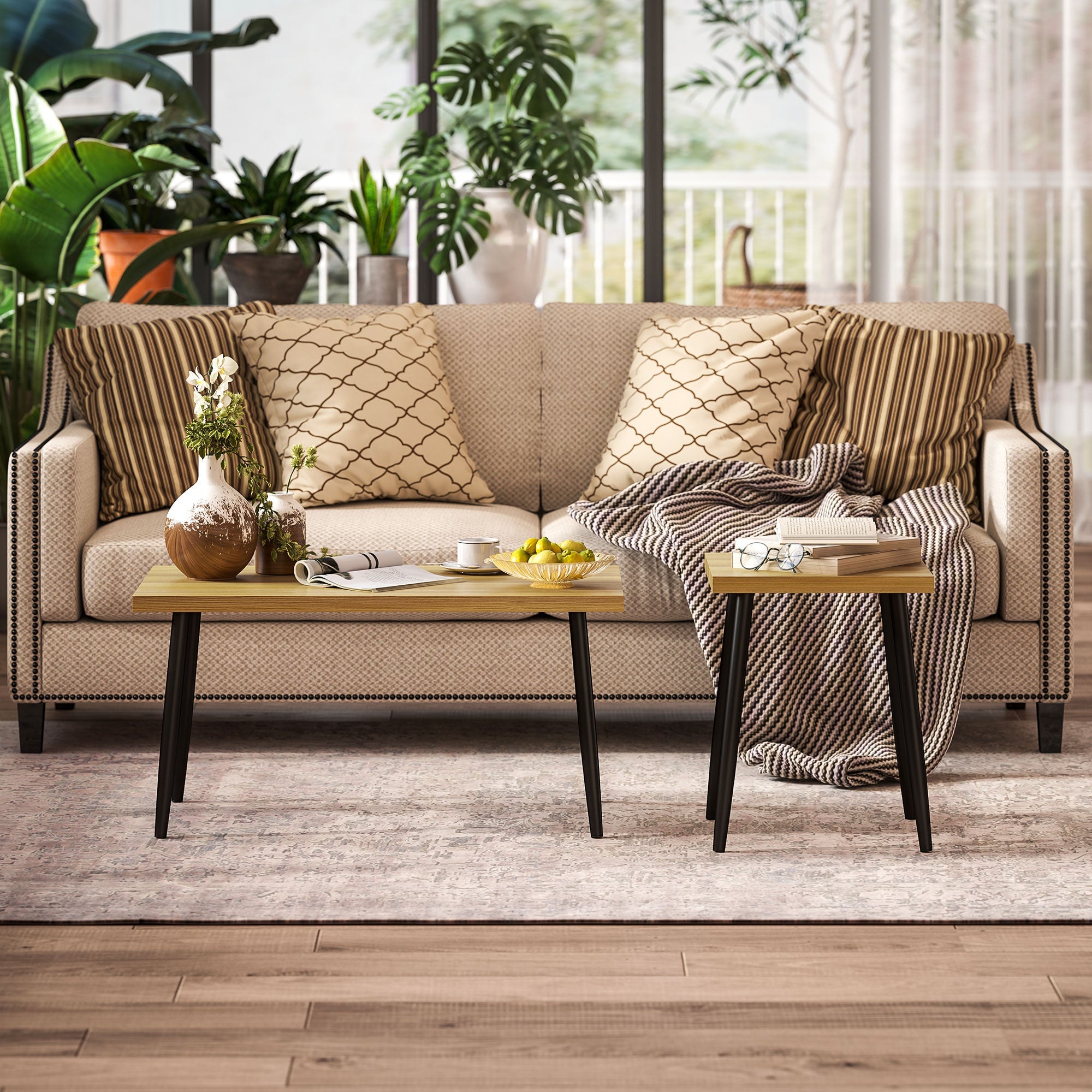 Logidon Set van 2 salontafels Natuurlijk hout Zwart stalen frame 90x50x45