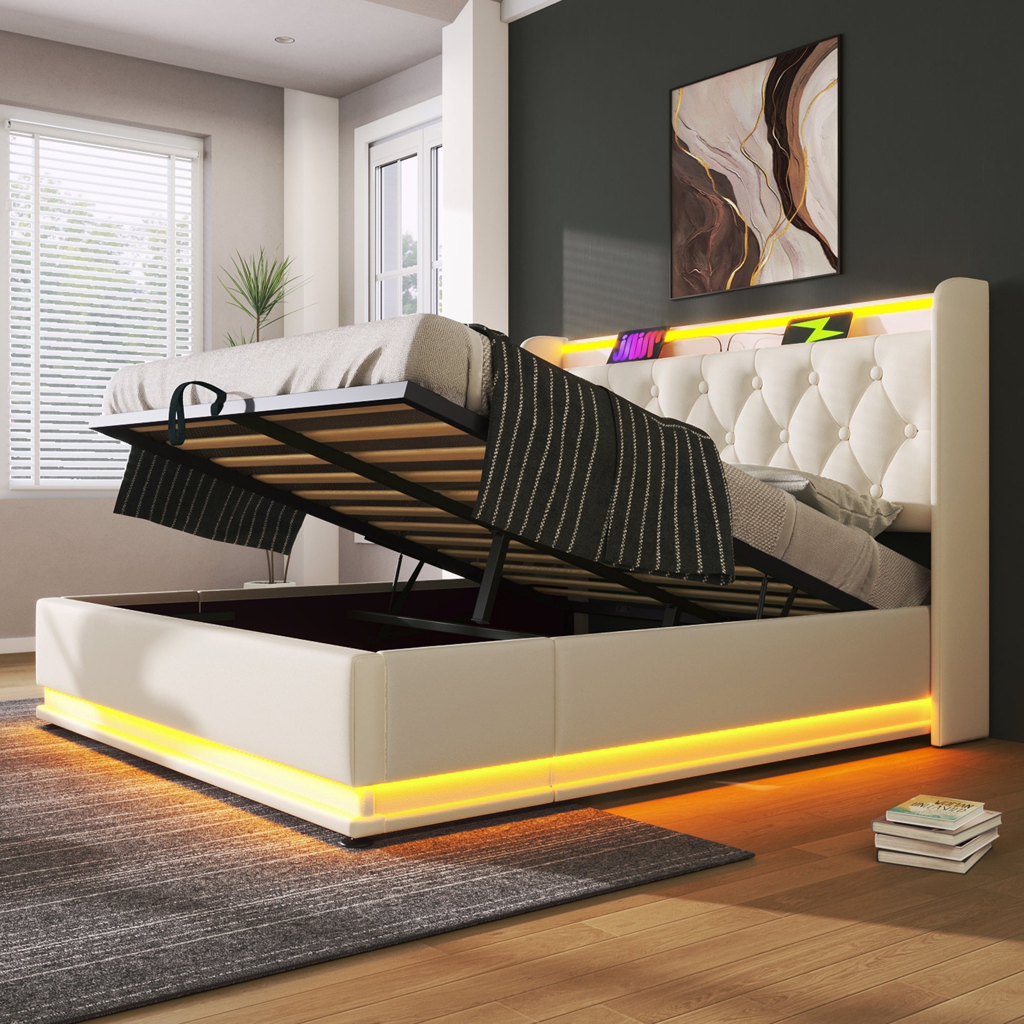 Logidon gestoffeerd bed tweepersoonsbed 140x200 cm wit PU 360 Surround LED