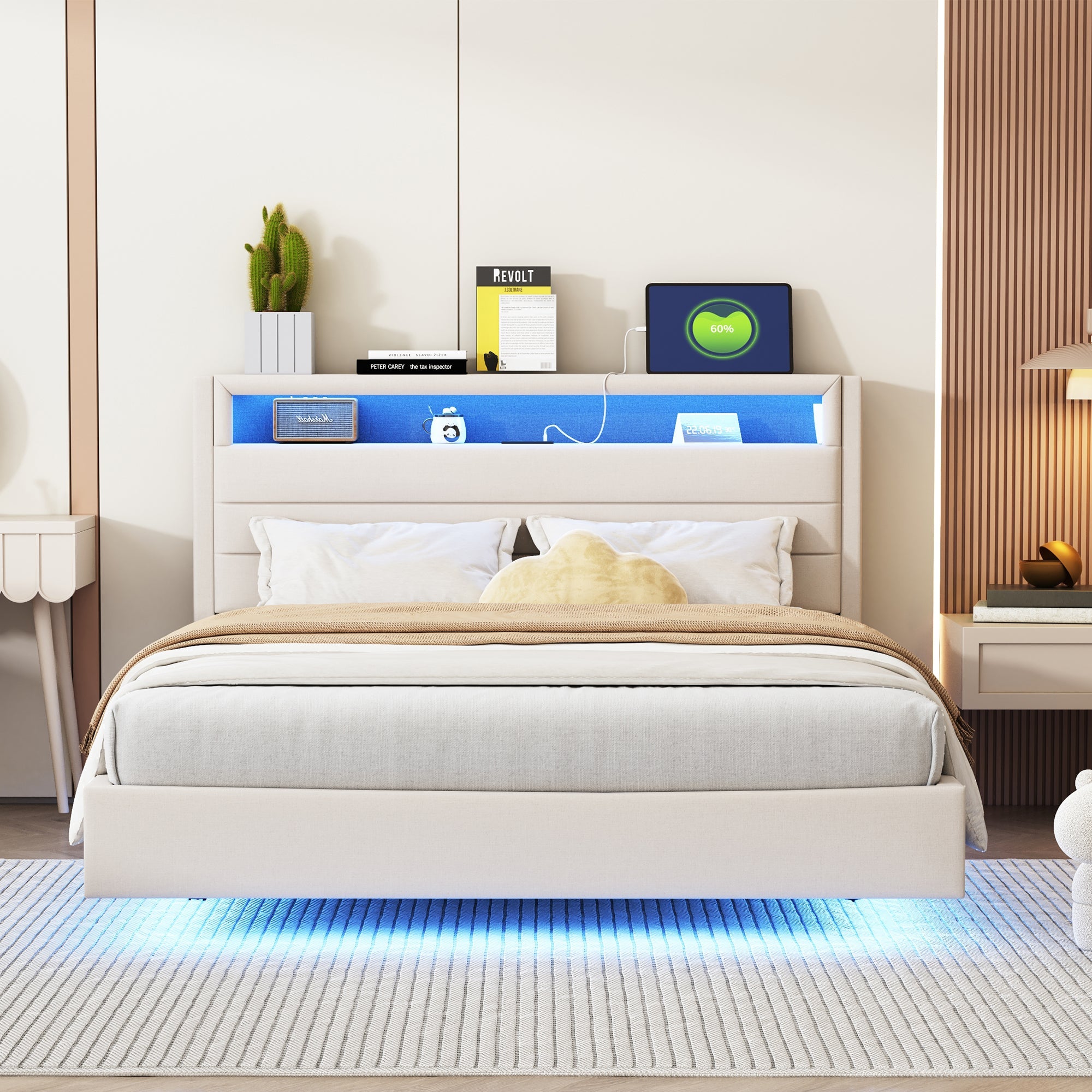 Logidon gestoffeerd bed 140x200 cm met USB oplaadpunt en LED lichtbeige