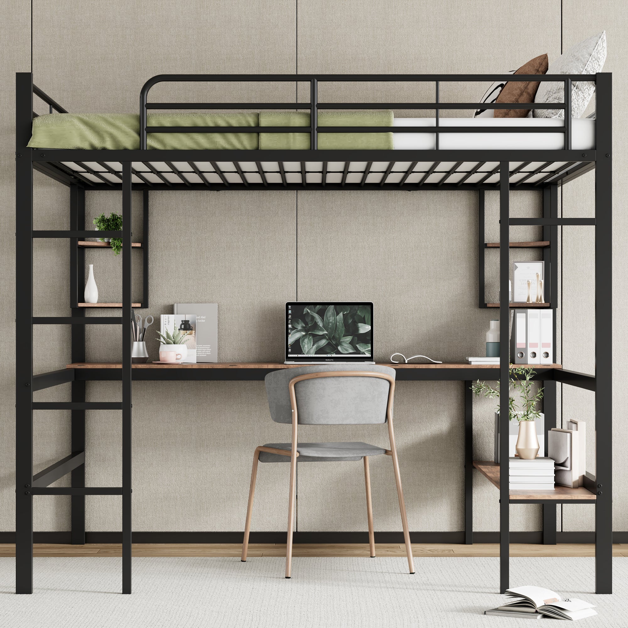Logidon loft bed 140x200 black with desk and shelves