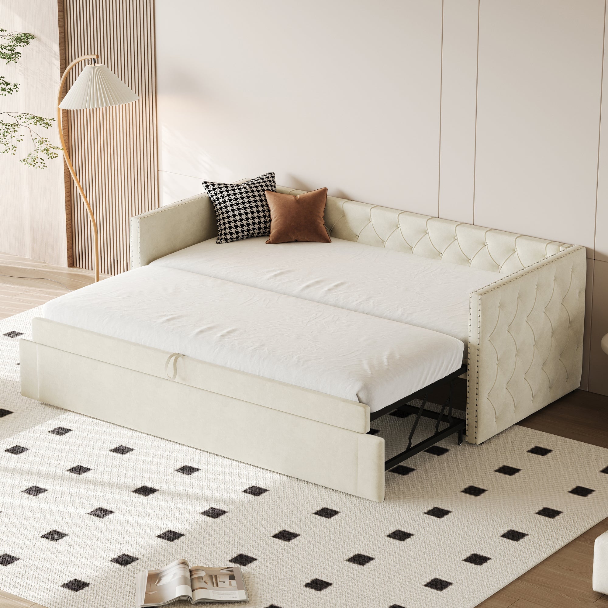 Logidon gestoffeerd bed slaapbank 90x200 beige fluwelen lattenbodem