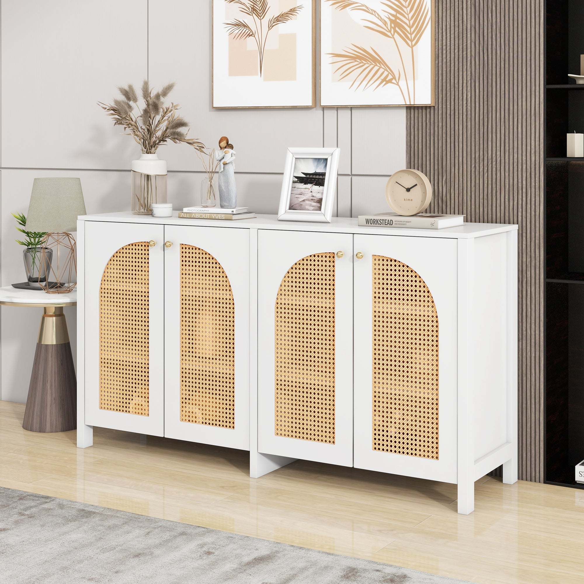 Logidon Modern dressoir 4 rotan deuren wit 145x40x80 cm