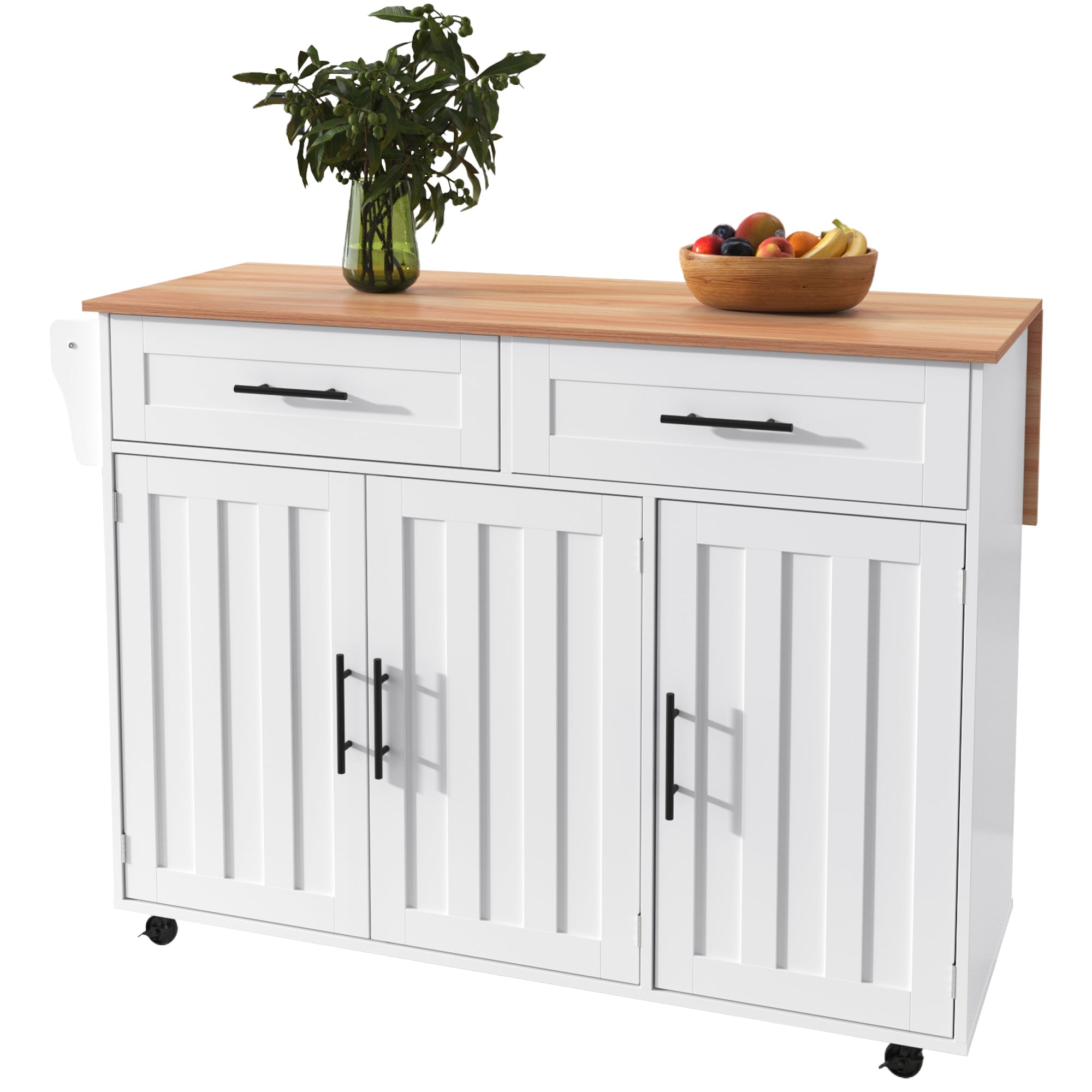 Logidon keukeneiland 129x46 cm met opklapbaar tafelblad, 5 wielen, wit