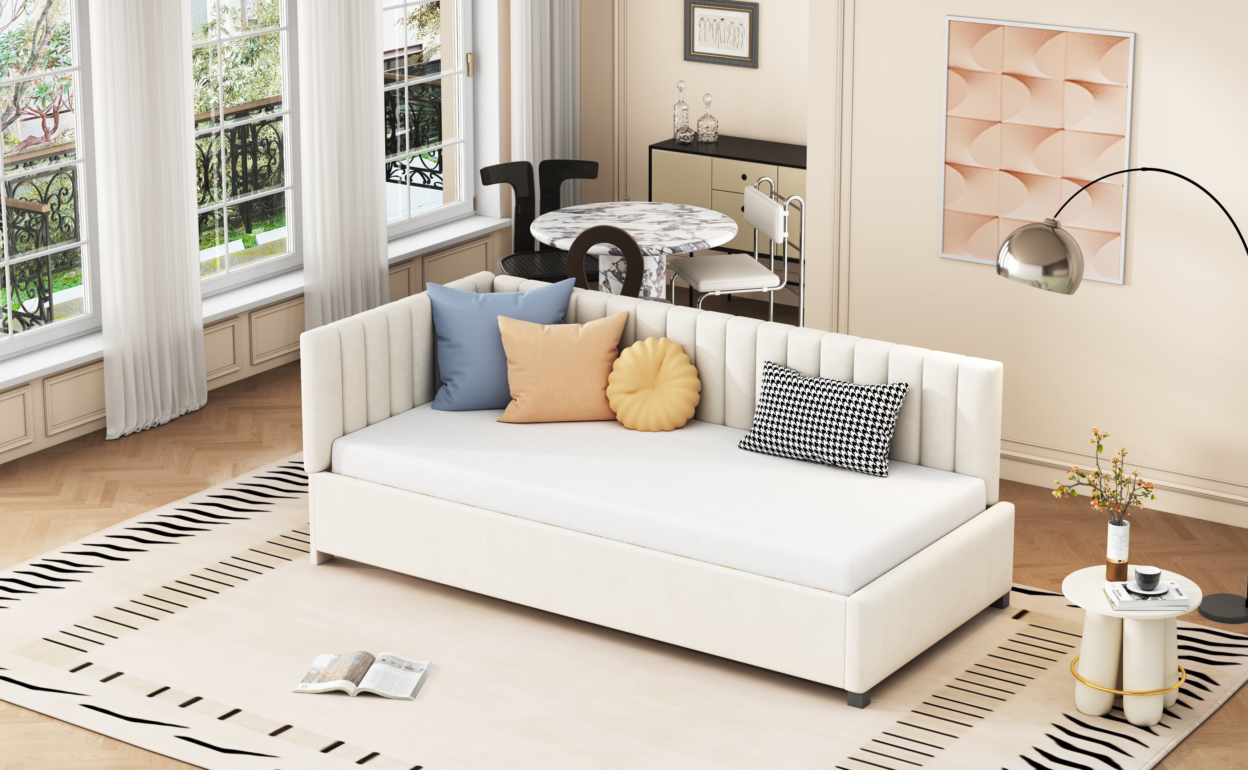 Logidon upholstered bed 90x200 multifunctional bed with slatted frame beige velvet