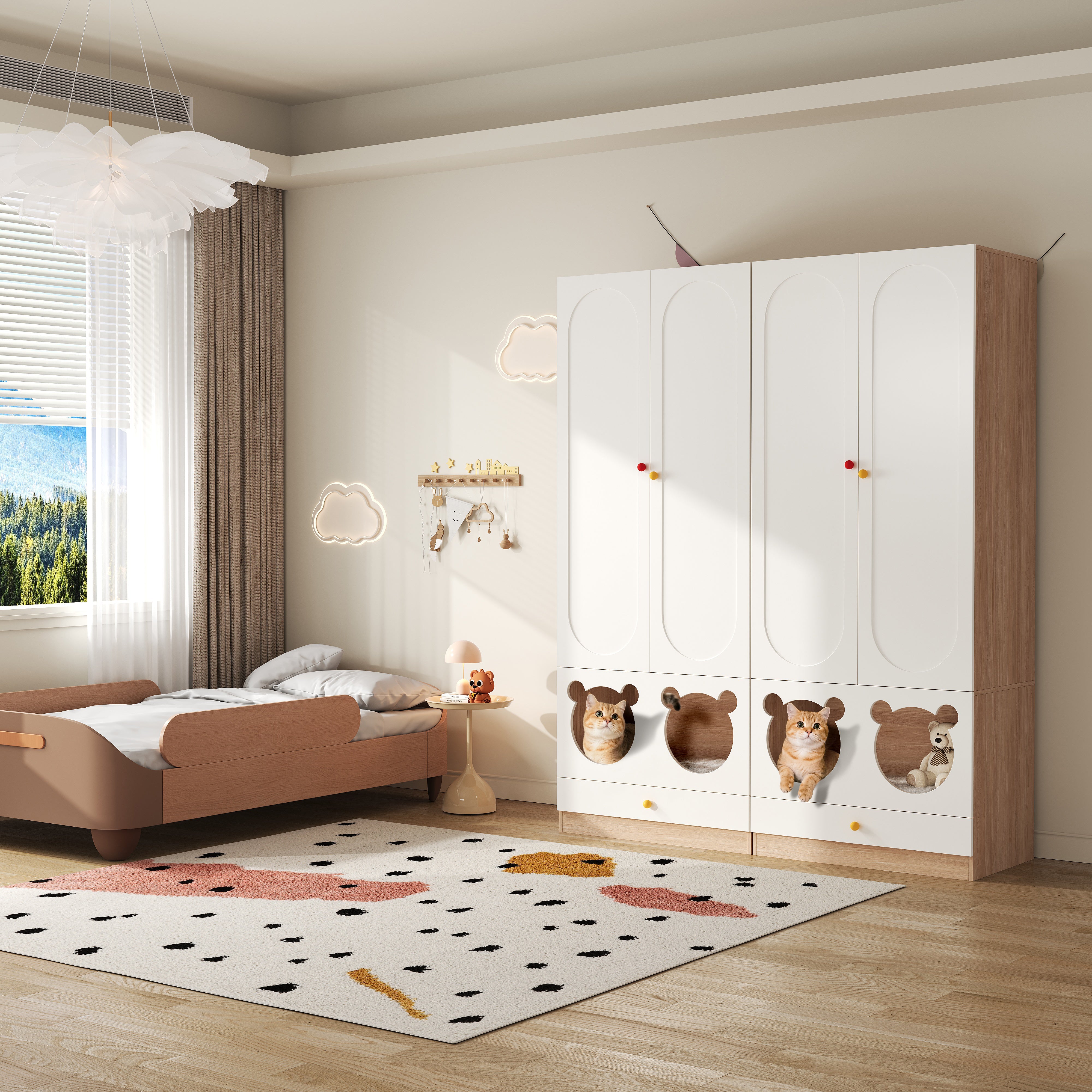 Logidon kinderkledingkast wit naturel hout met kattenmand 80x50x200cm