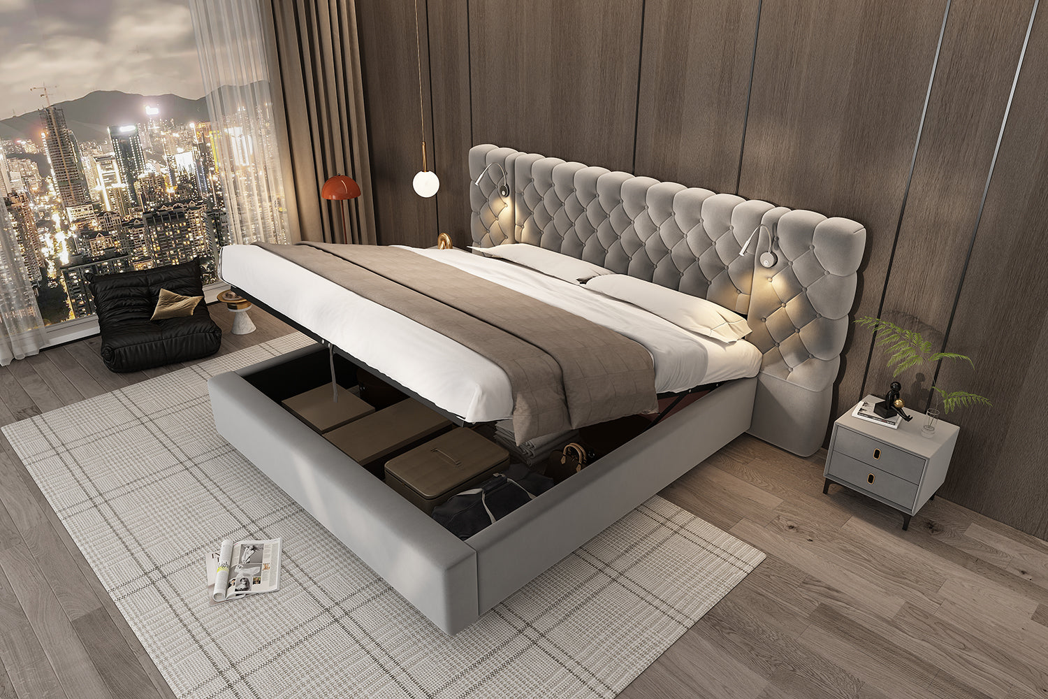 Logidon upholstered bed 180 x 200 cm with hydraulic storage space LED gray