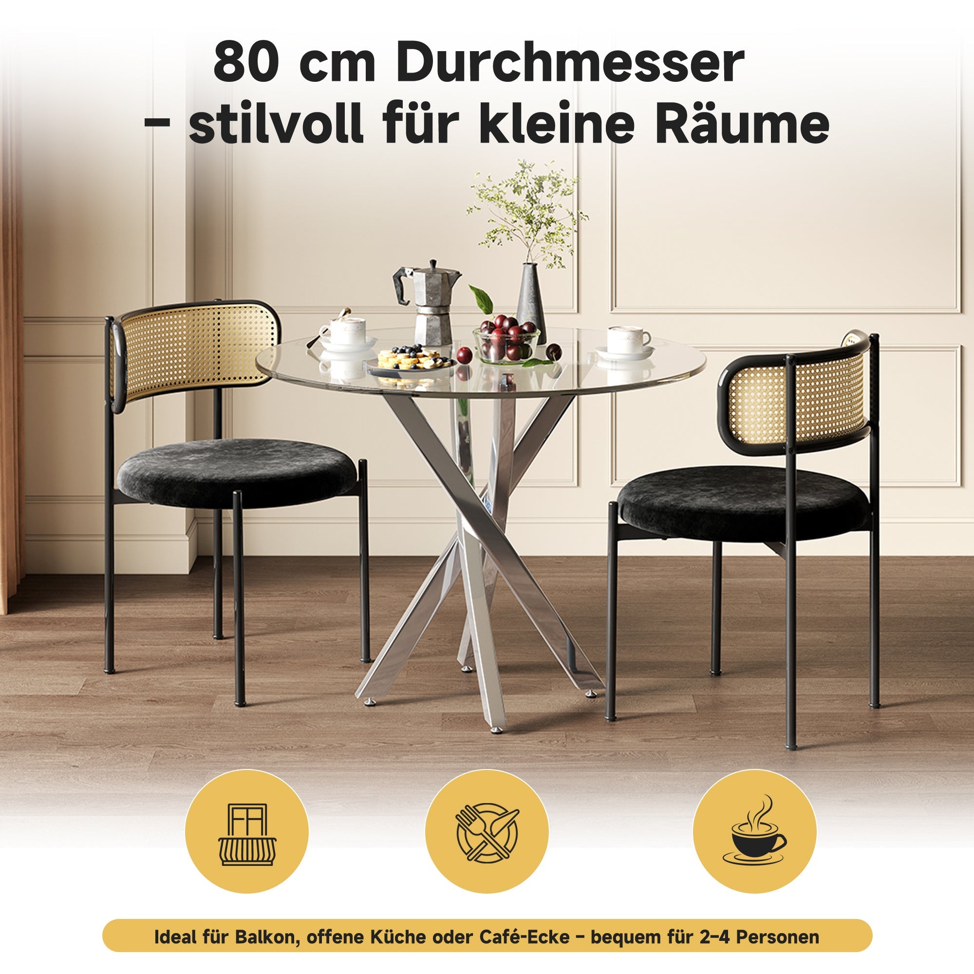 Logidon round dining table glass top 80x80cm silver modern design