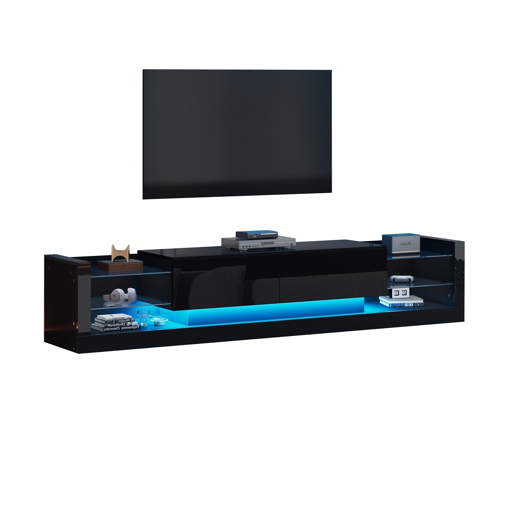 Logidon high-gloss TV cabinet 181 cm LED lighting black glass front