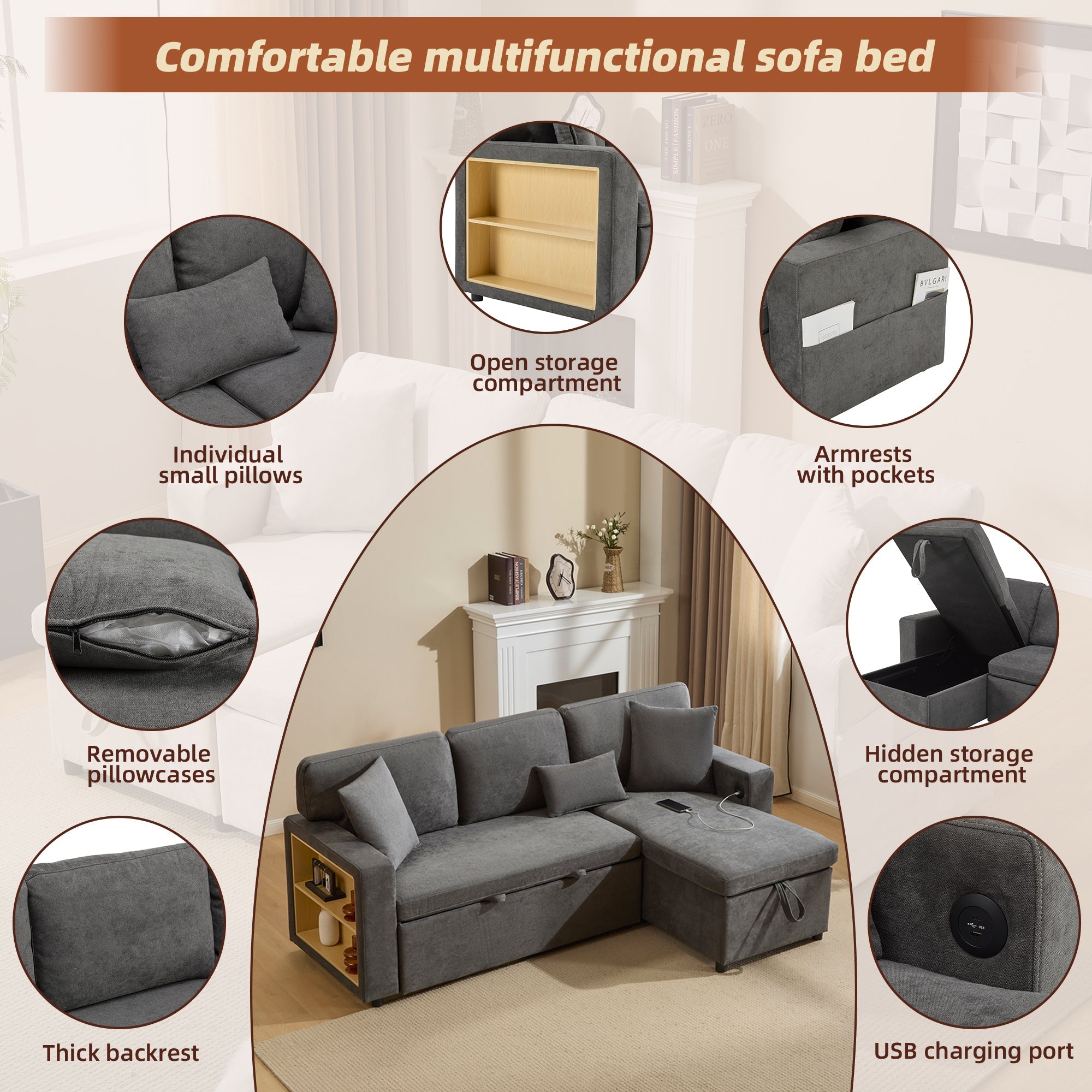 Logidon Corner Sofa Gray Extendable Bed With Bed Box Shelf 214x131