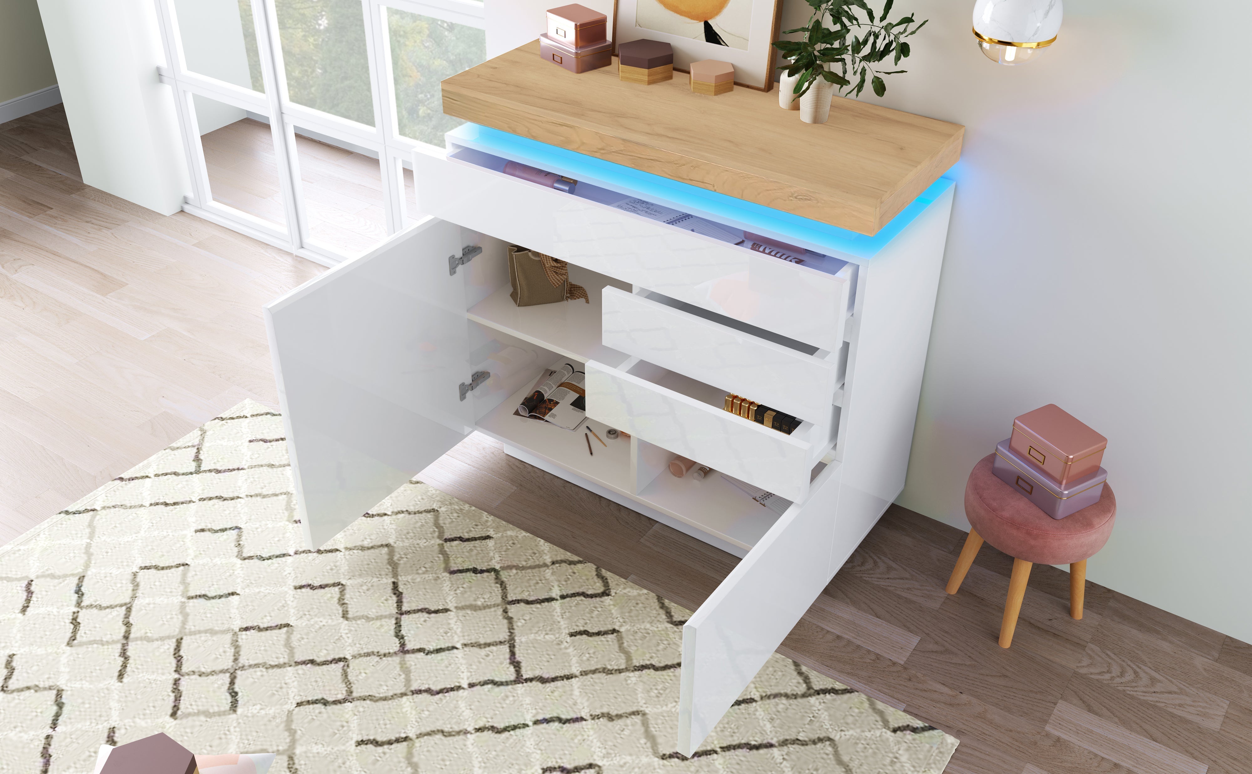 Logidon high gloss chest of drawers white LED lighting app control 2 doors