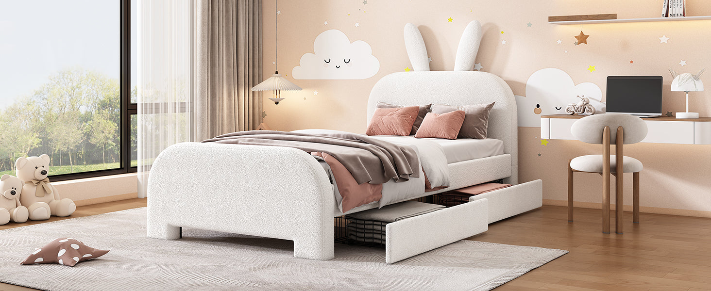 Logidon Flat Bed 90x200 cm Rabbit Shape White With 2 Drawers