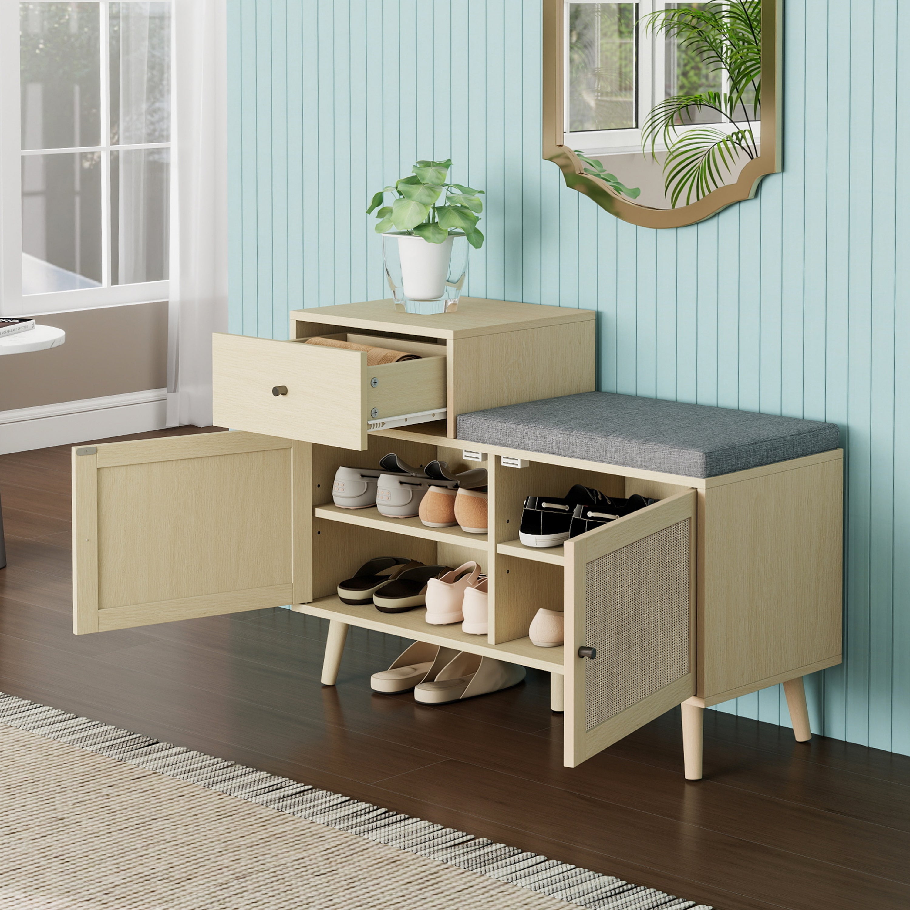 Logidon Boho shoe bench with rattan doors and drawer 90x35x65 cm