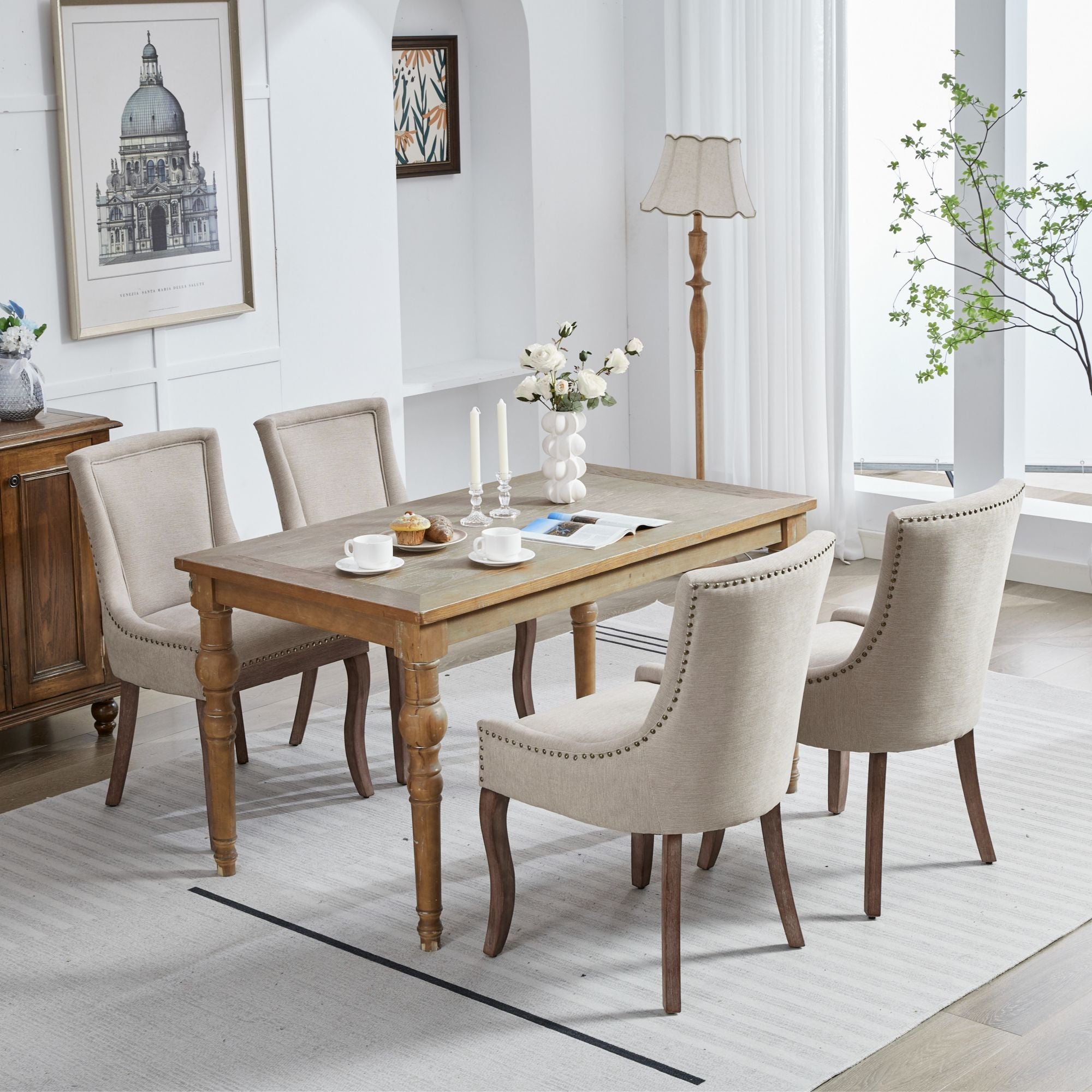 Logidon Ultra Side Dining Chair Beige Set Of 2 Bronze Nail Studs