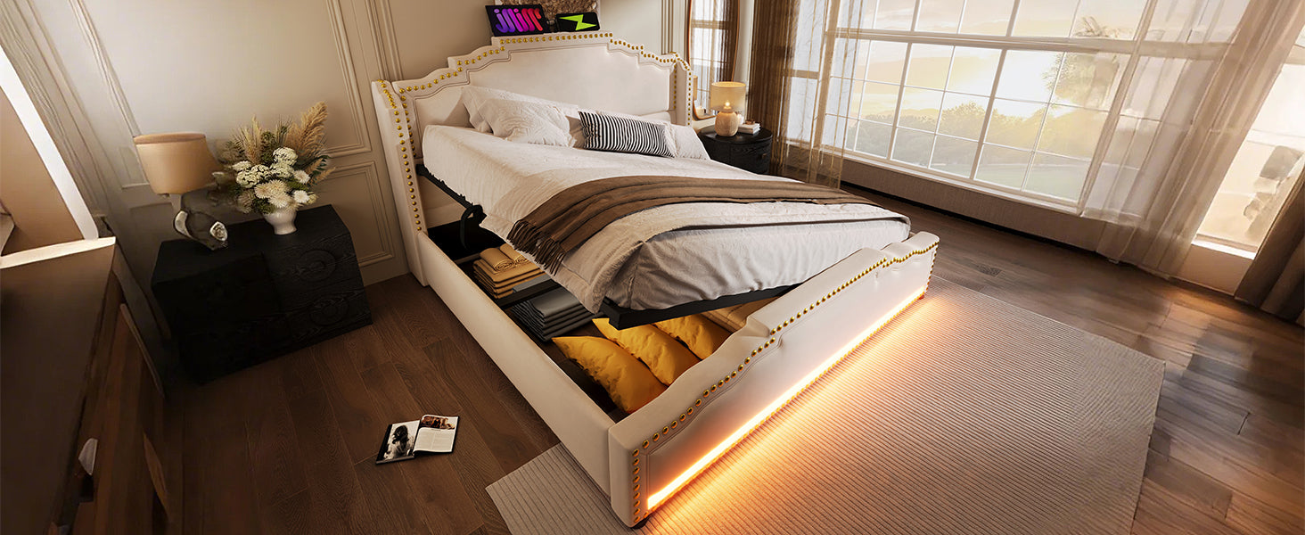 Logidon gestoffeerd bed 140x200 tweepersoonsbed hydraulische opbergruimte LED beige